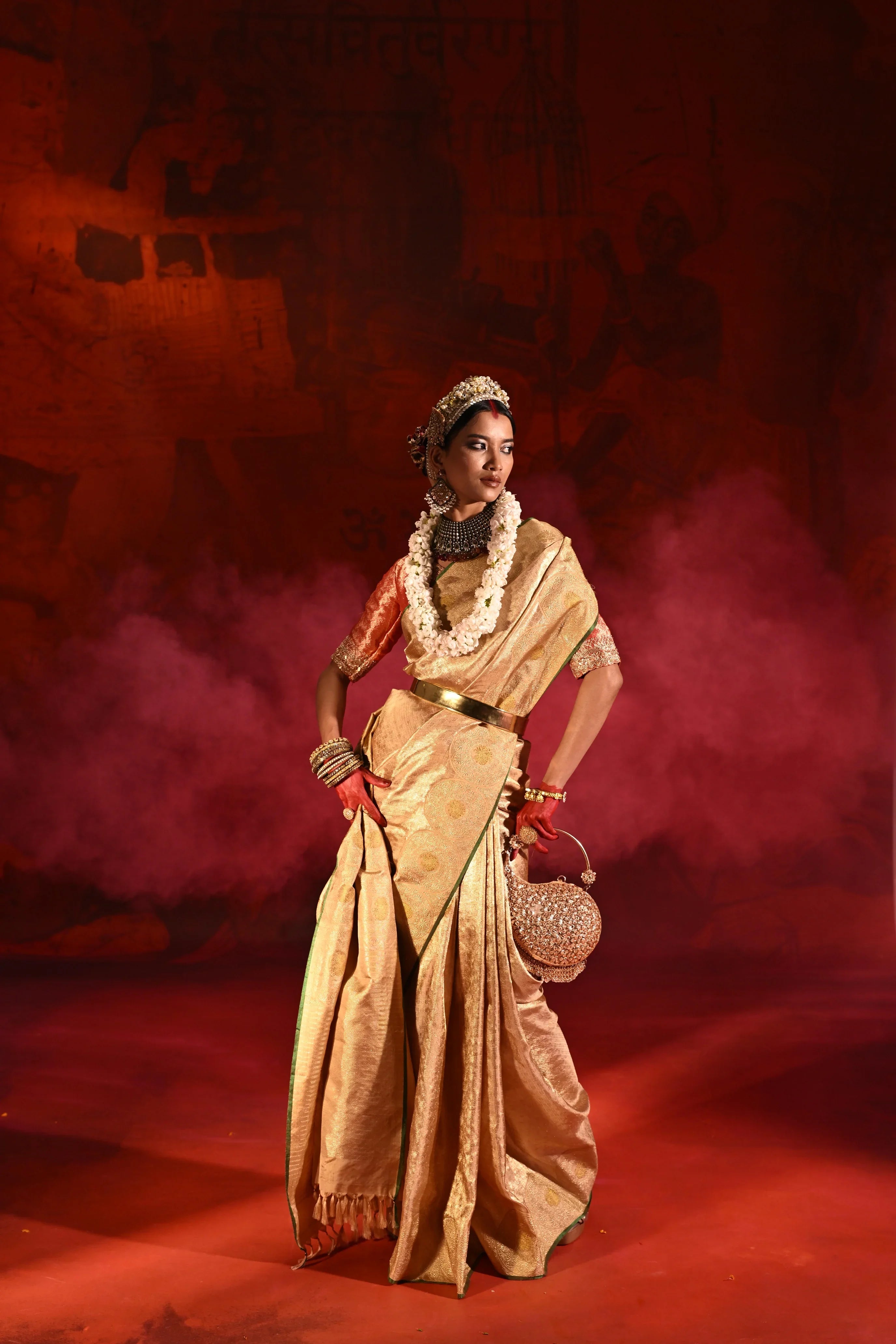 Beige Gold Kanchivaram Tissue Silk Saree with All-Over Zari Weaving - Mokshaa