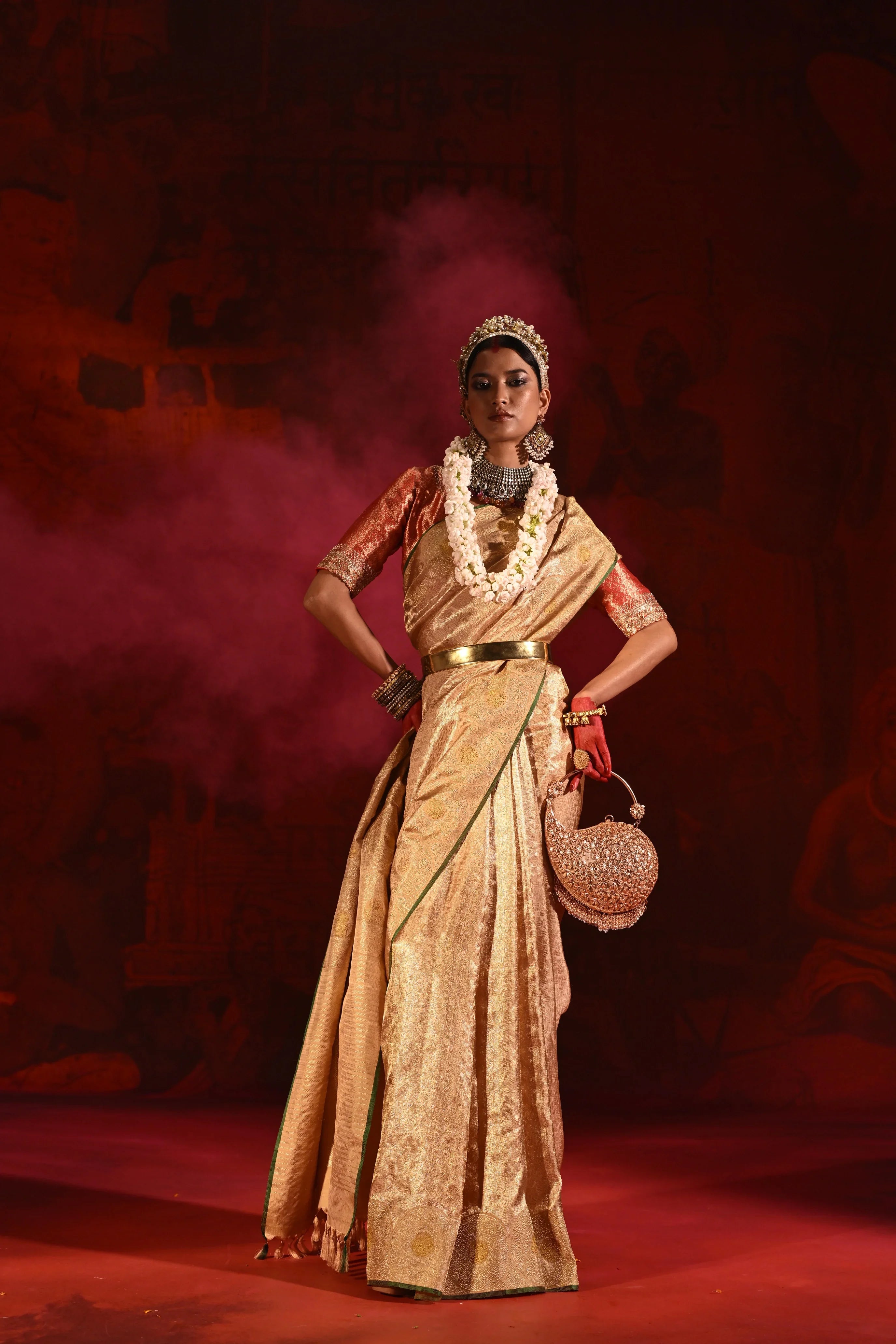 Beige Gold Kanchivaram Tissue Silk Saree with All-Over Zari Weaving - Mokshaa