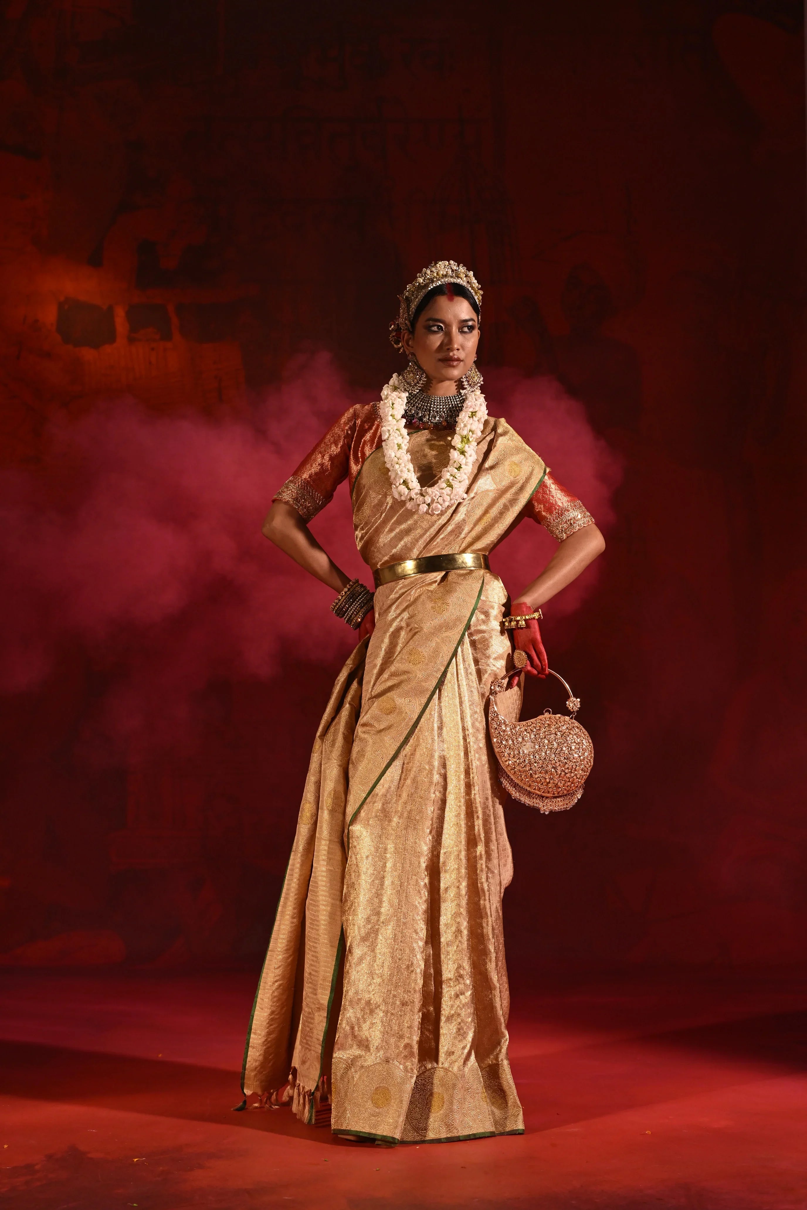 Beige Gold Kanchivaram Tissue Silk Saree with All-Over Zari Weaving - Mokshaa