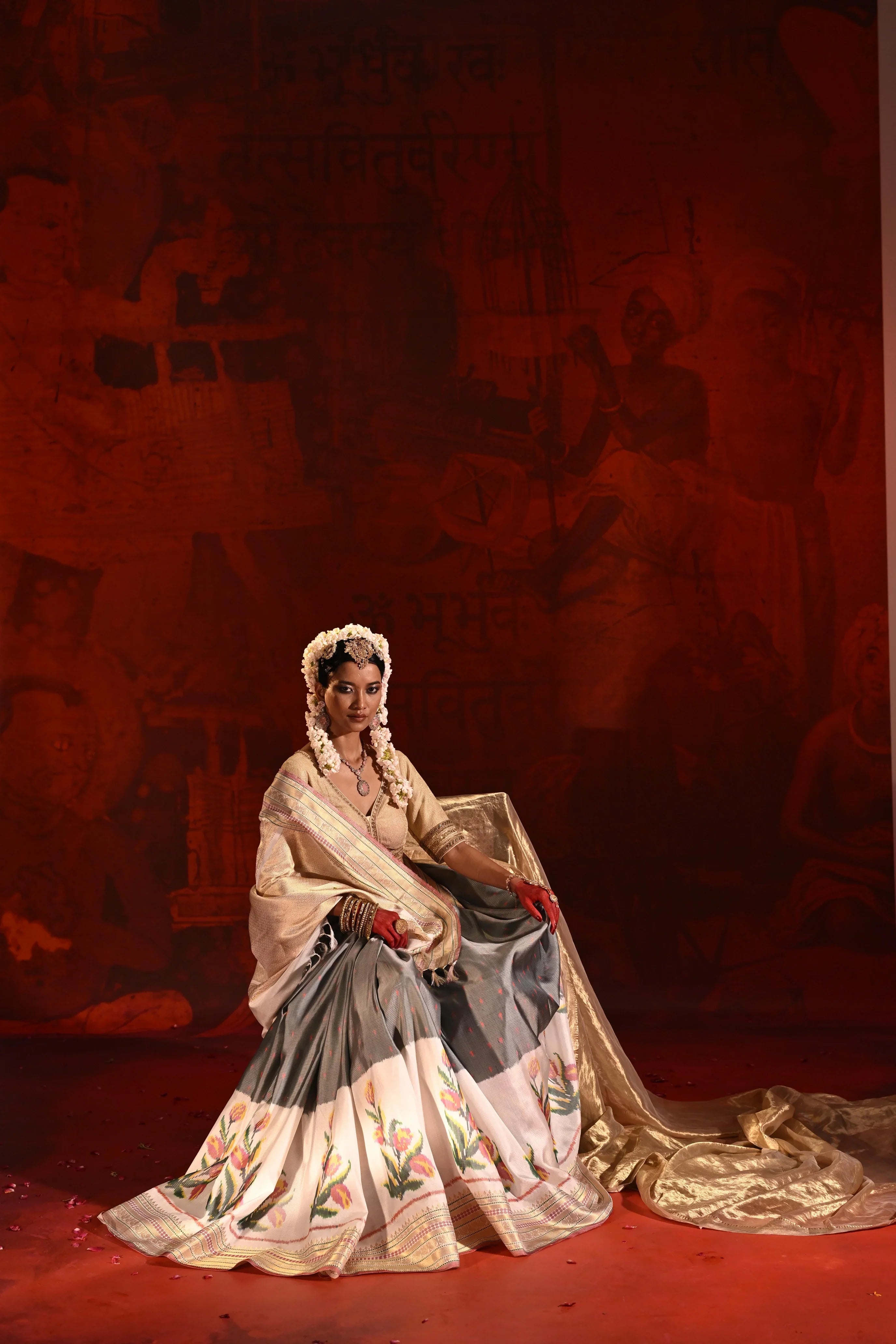 Grey & White Twill Silk Saree with Patola Weaving & Brocade Blouse - Mokshaa