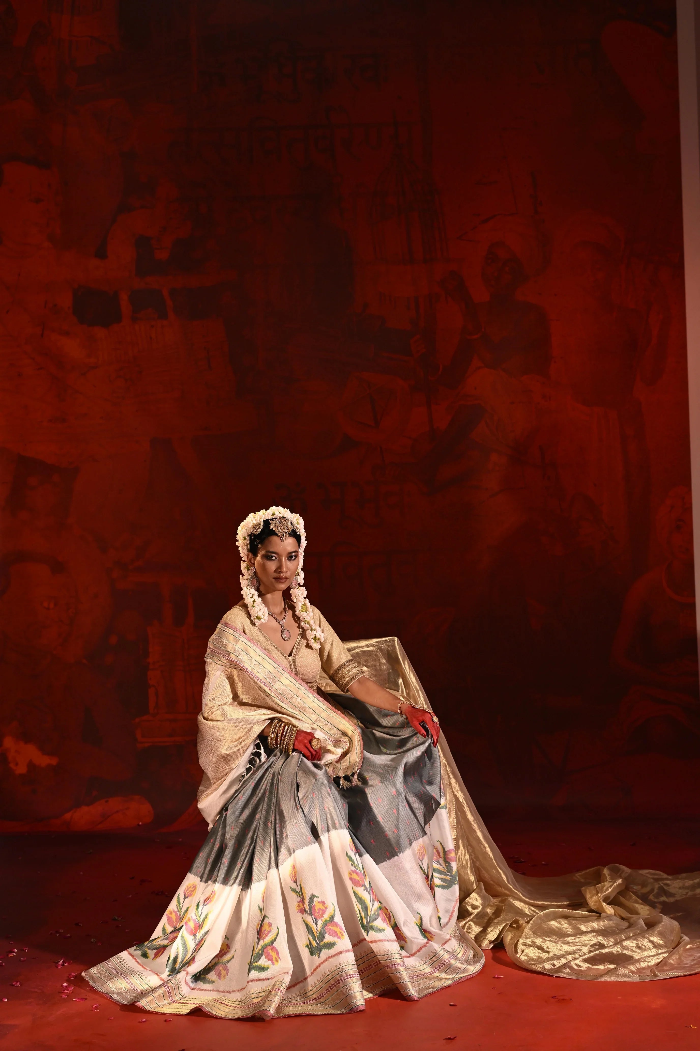 Grey & White Twill Silk Saree with Patola Weaving & Brocade Blouse - Mokshaa