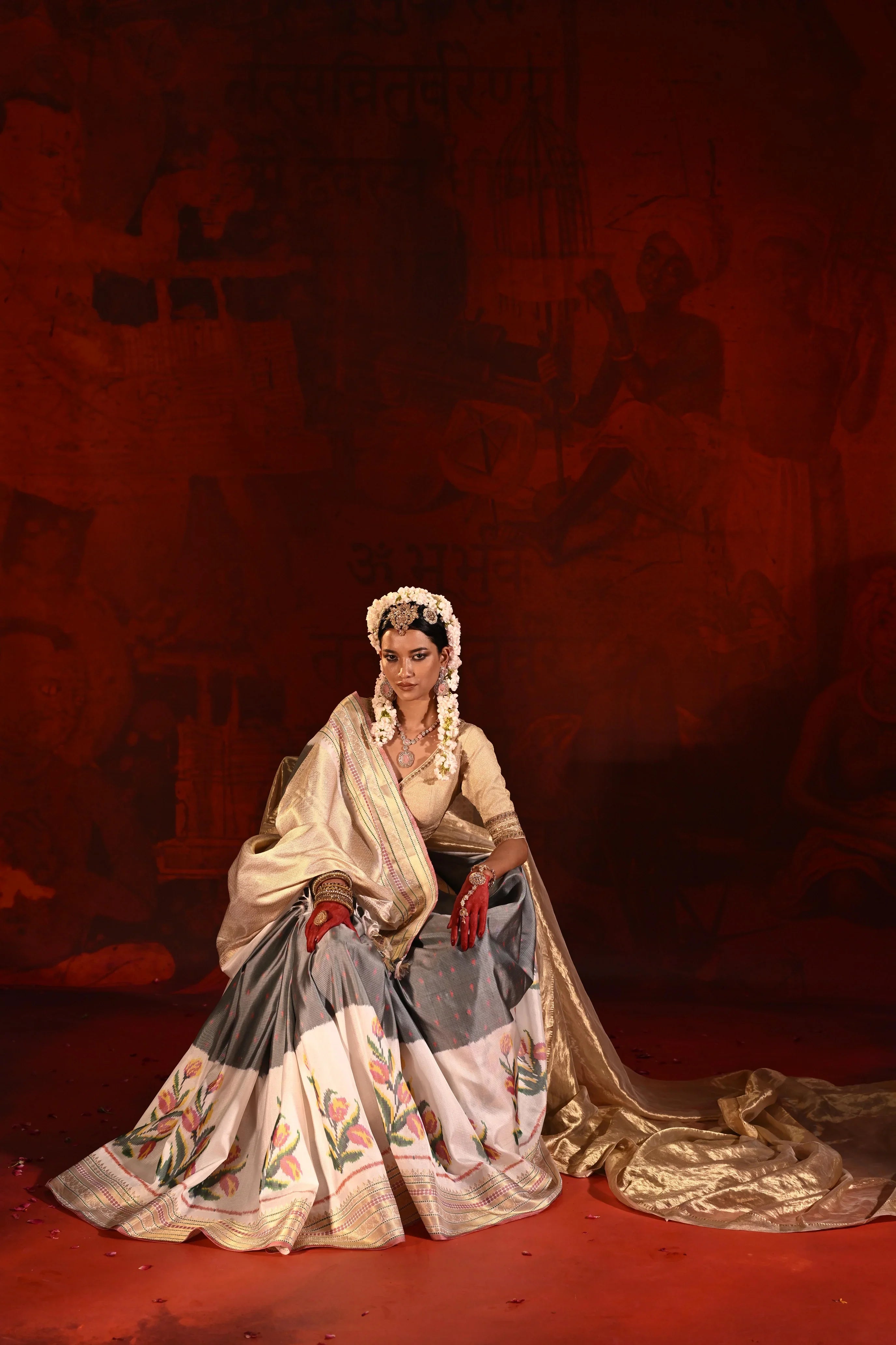 Grey & White Twill Silk Saree with Patola Weaving & Brocade Blouse - Mokshaa