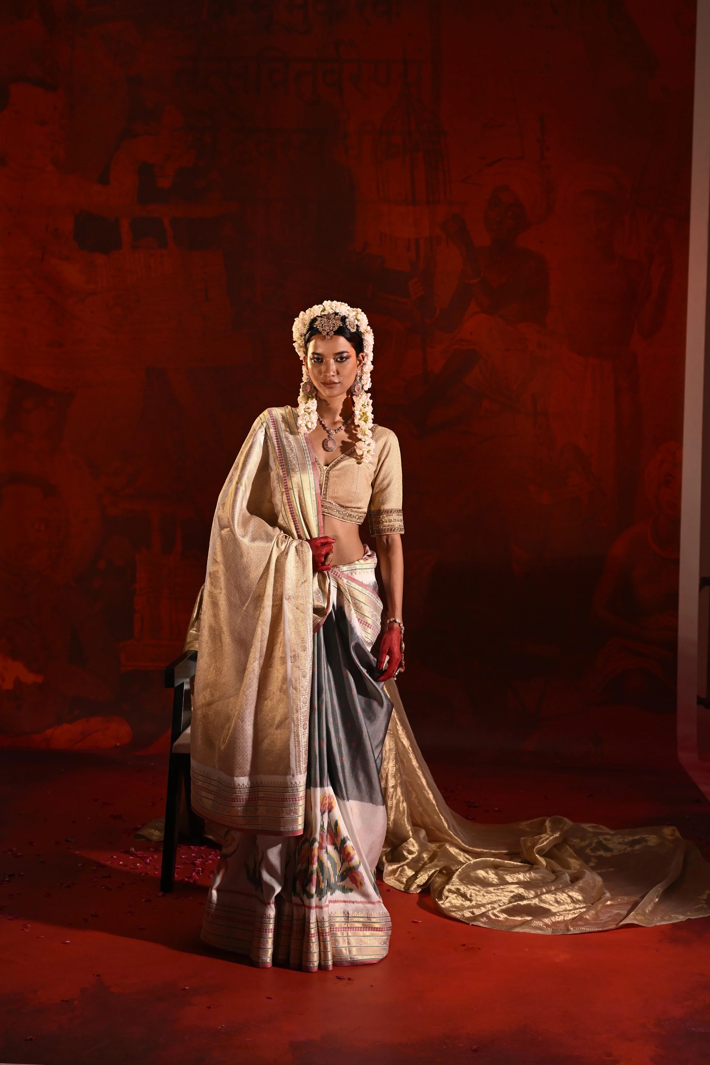Grey & White Twill Silk Saree with Patola Weaving & Brocade Blouse - Mokshaa