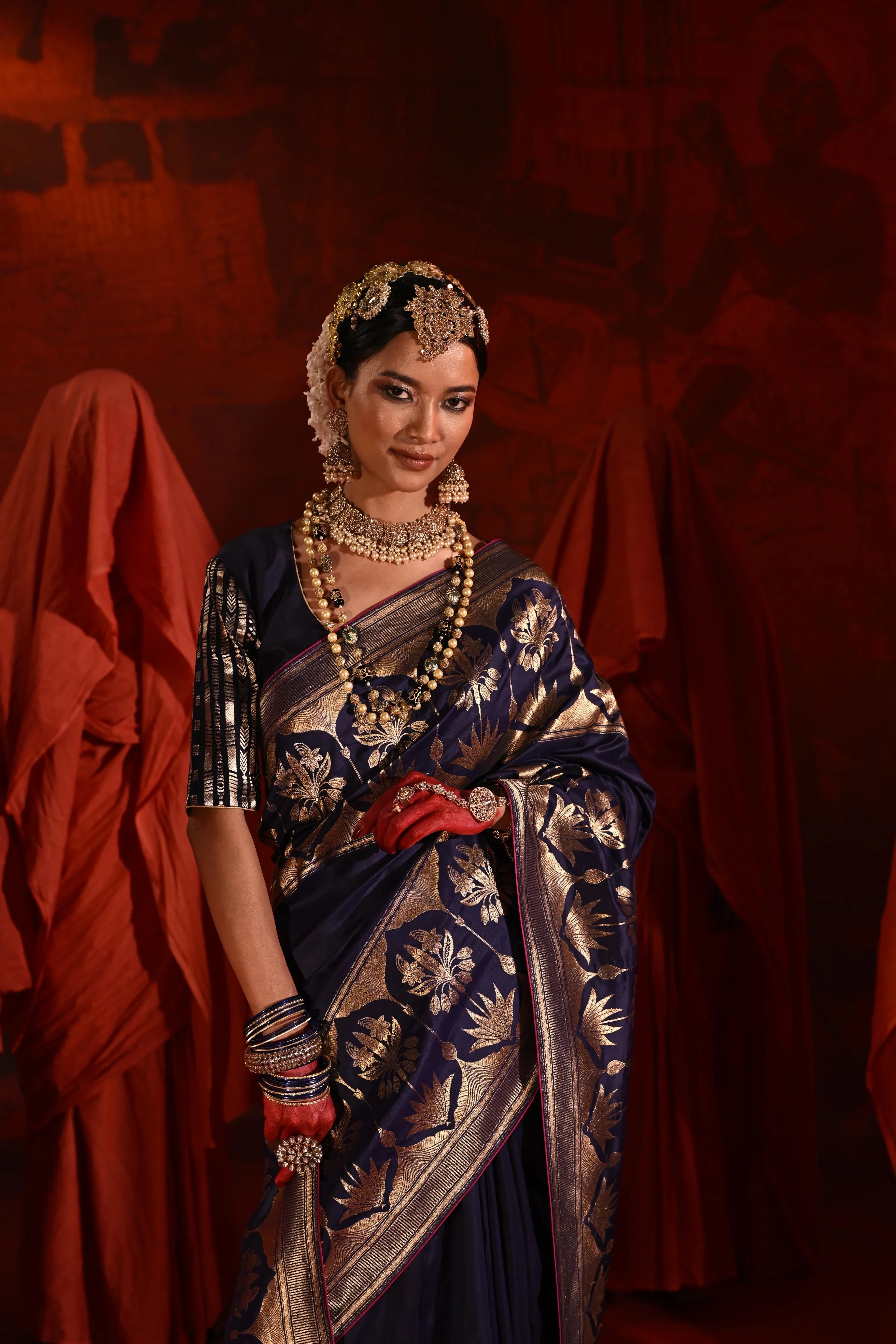 Midnight Blue Silk Saree with Golden Zari Weaving Border - Mokshaa