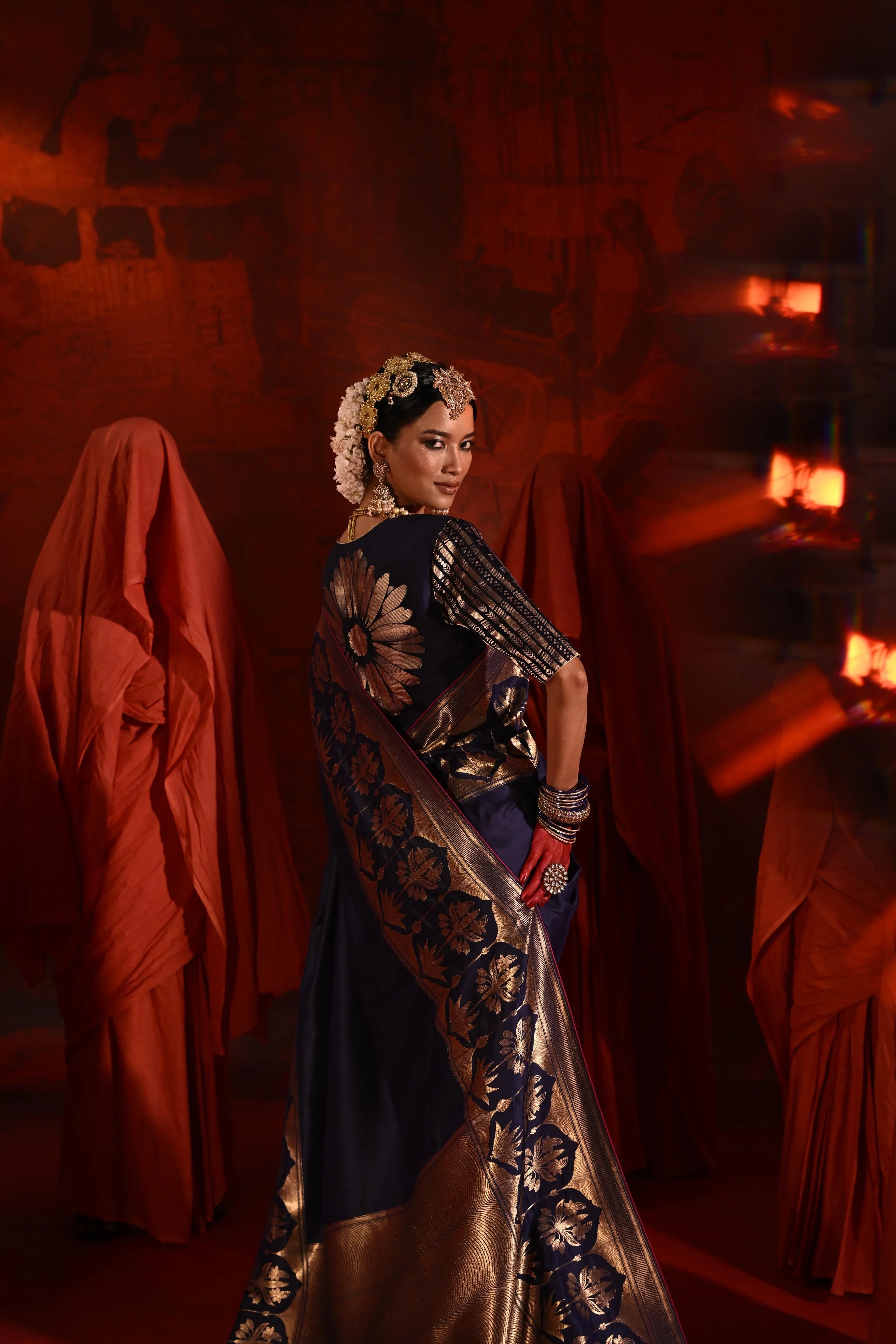 Midnight Blue Silk Saree with Golden Zari Weaving Border - Mokshaa