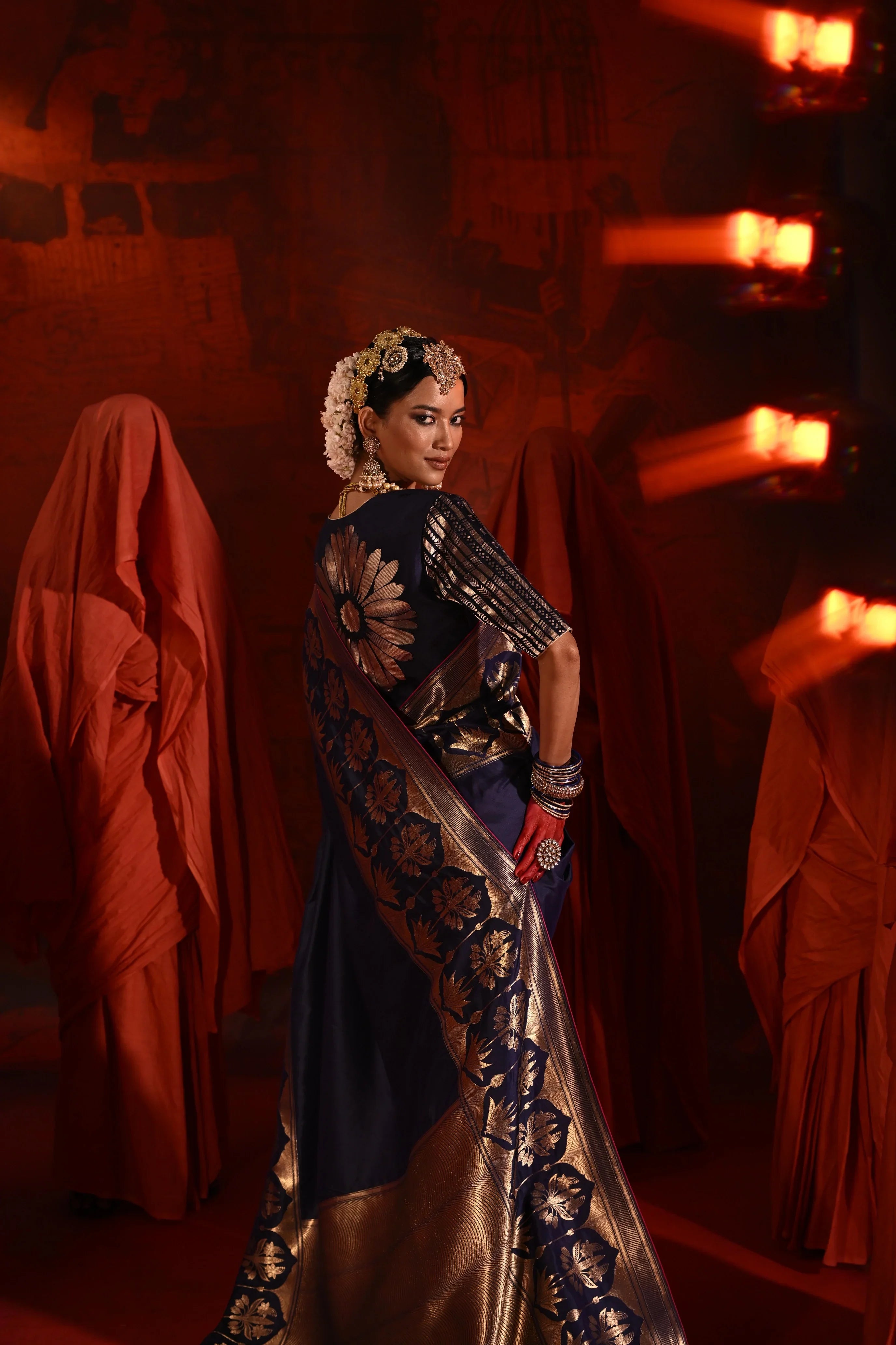 Midnight Blue Silk Saree with Golden Zari Weaving Border - Mokshaa