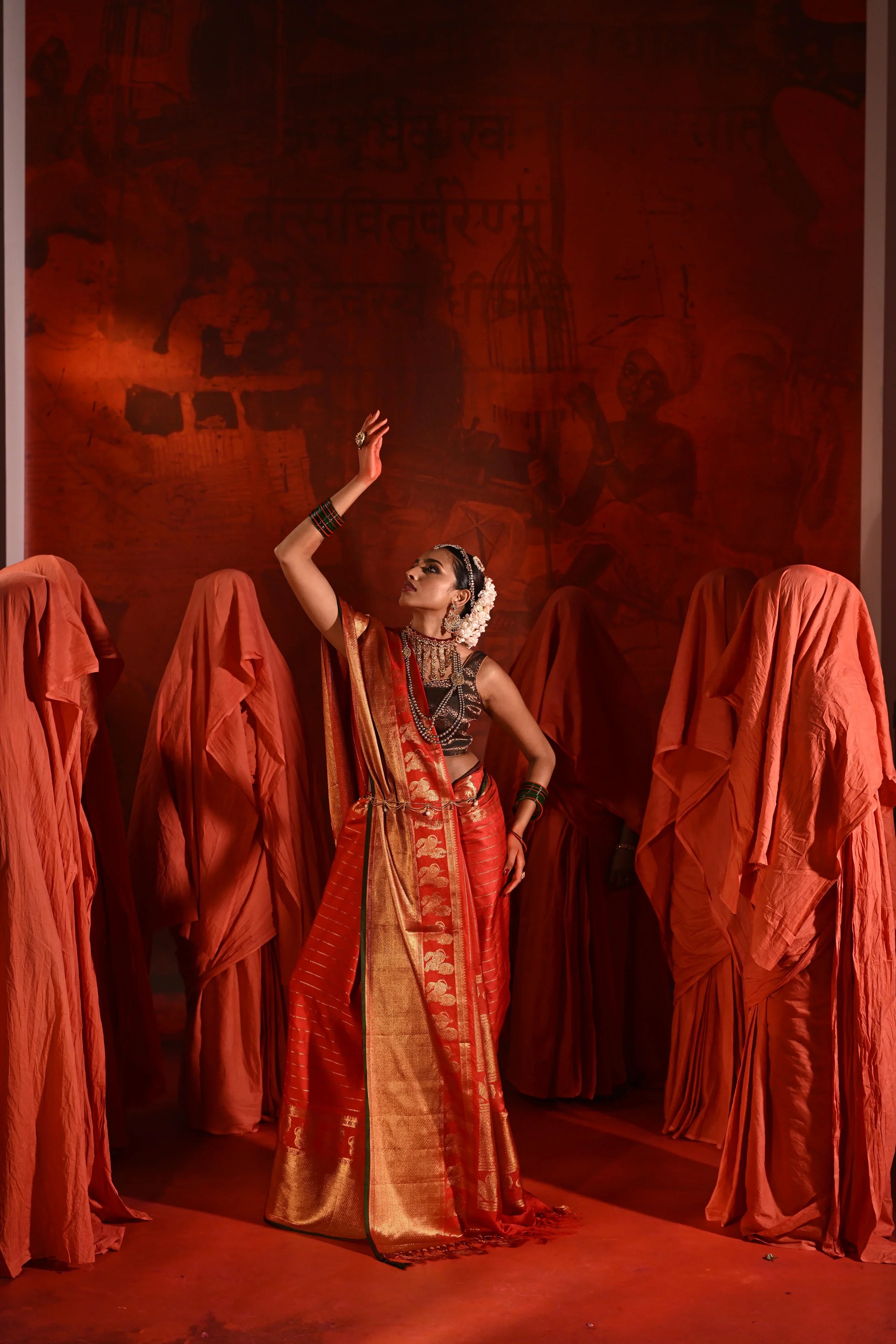 Bright Red Twill Silk Saree with Zari Stripes & Motifs Border - Mokshaa