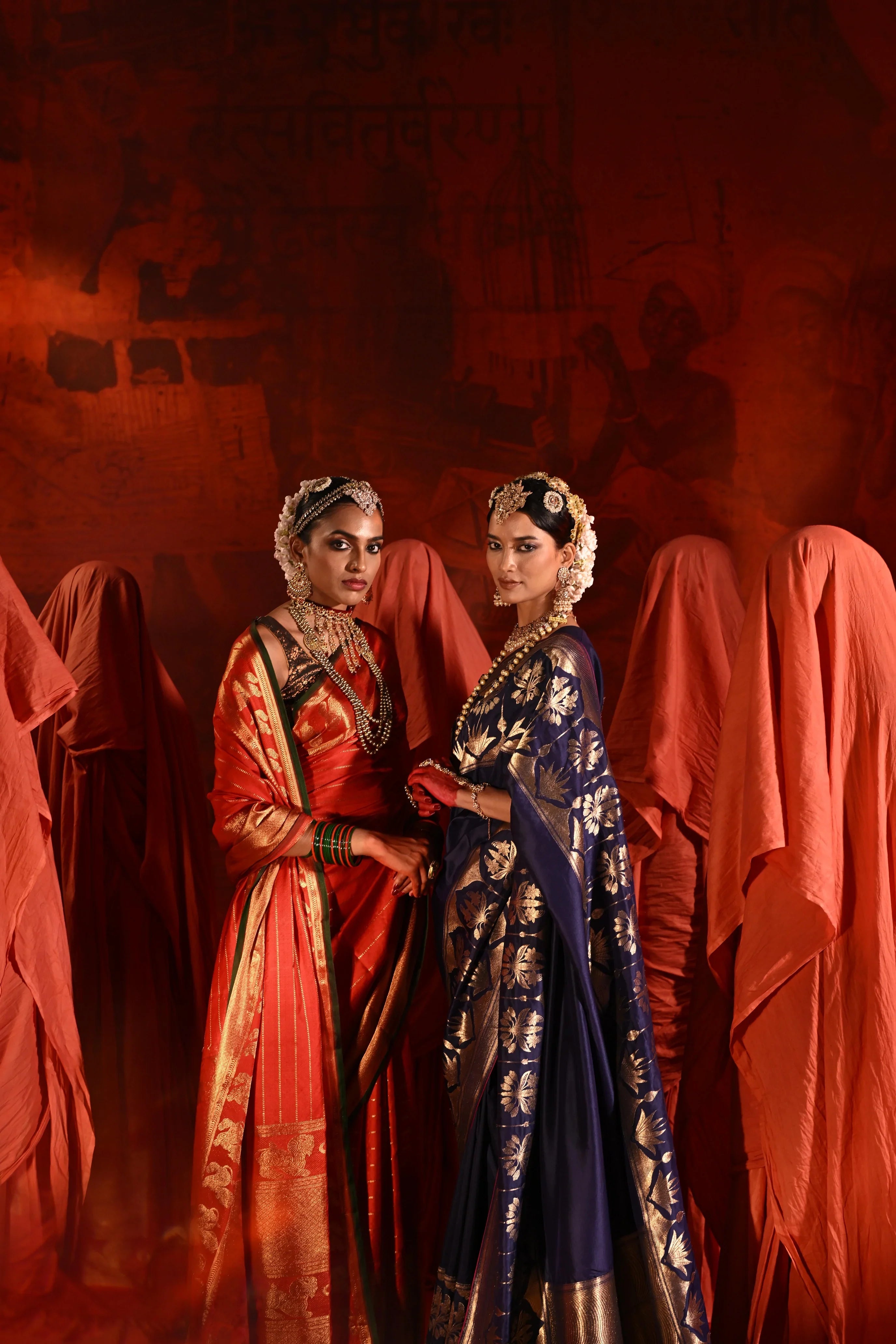 Bright Red Twill Silk Saree with Zari Stripes & Motifs Border - Mokshaa