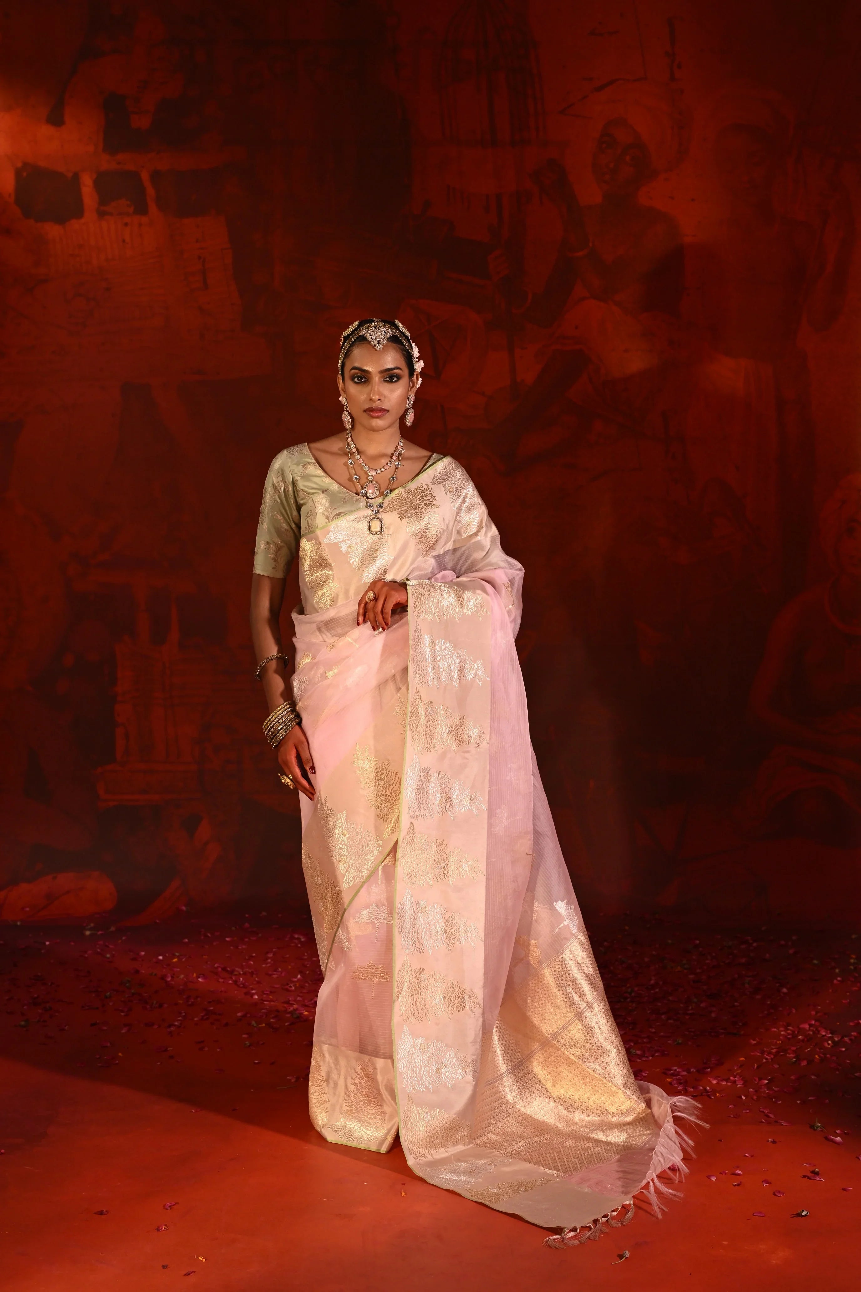 Rose Pink Kora Silk Saree with Zari Butta & Silk Motif Border - Mokshaa