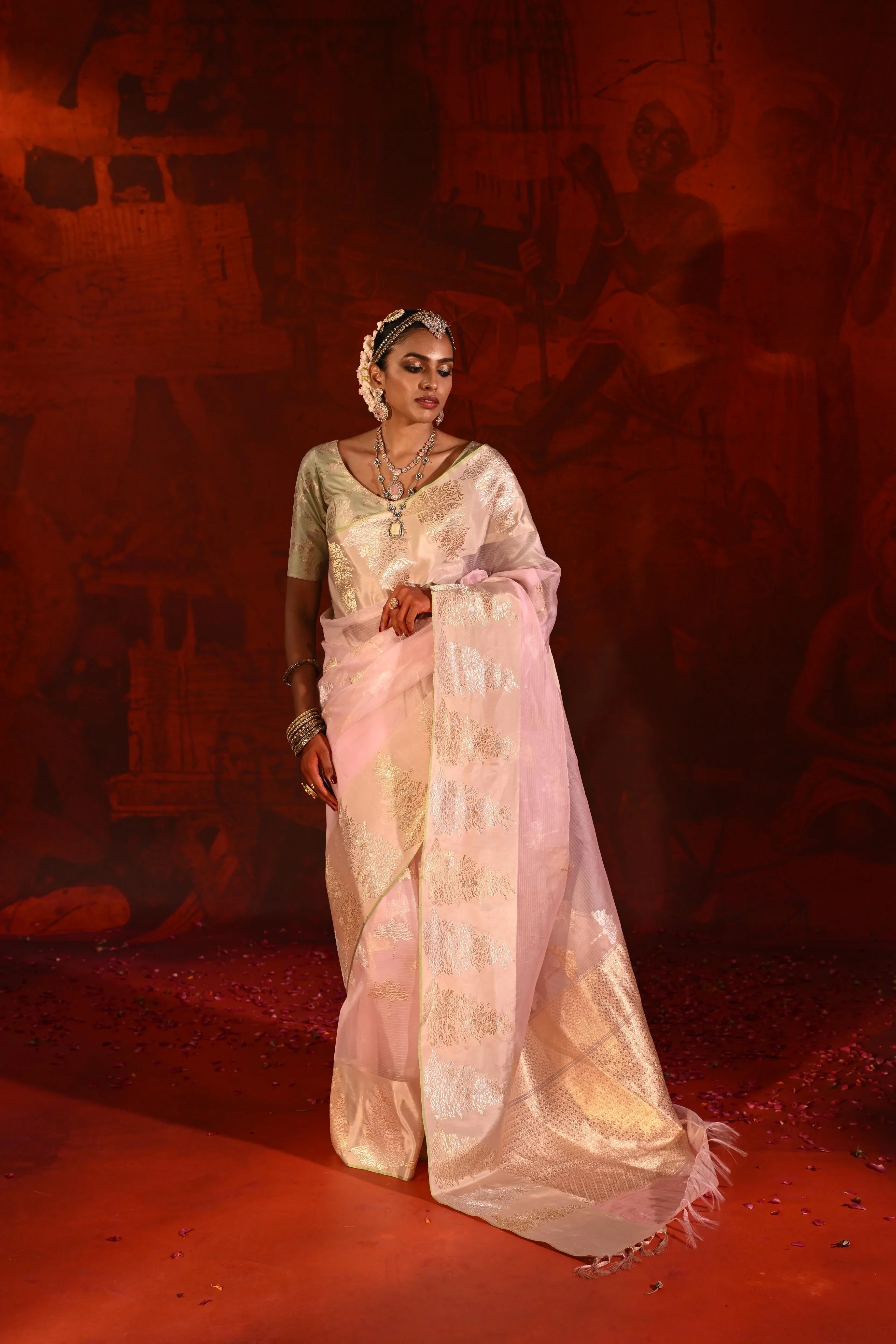 Rose Pink Kora Silk Saree with Zari Butta & Silk Motif Border - Mokshaa