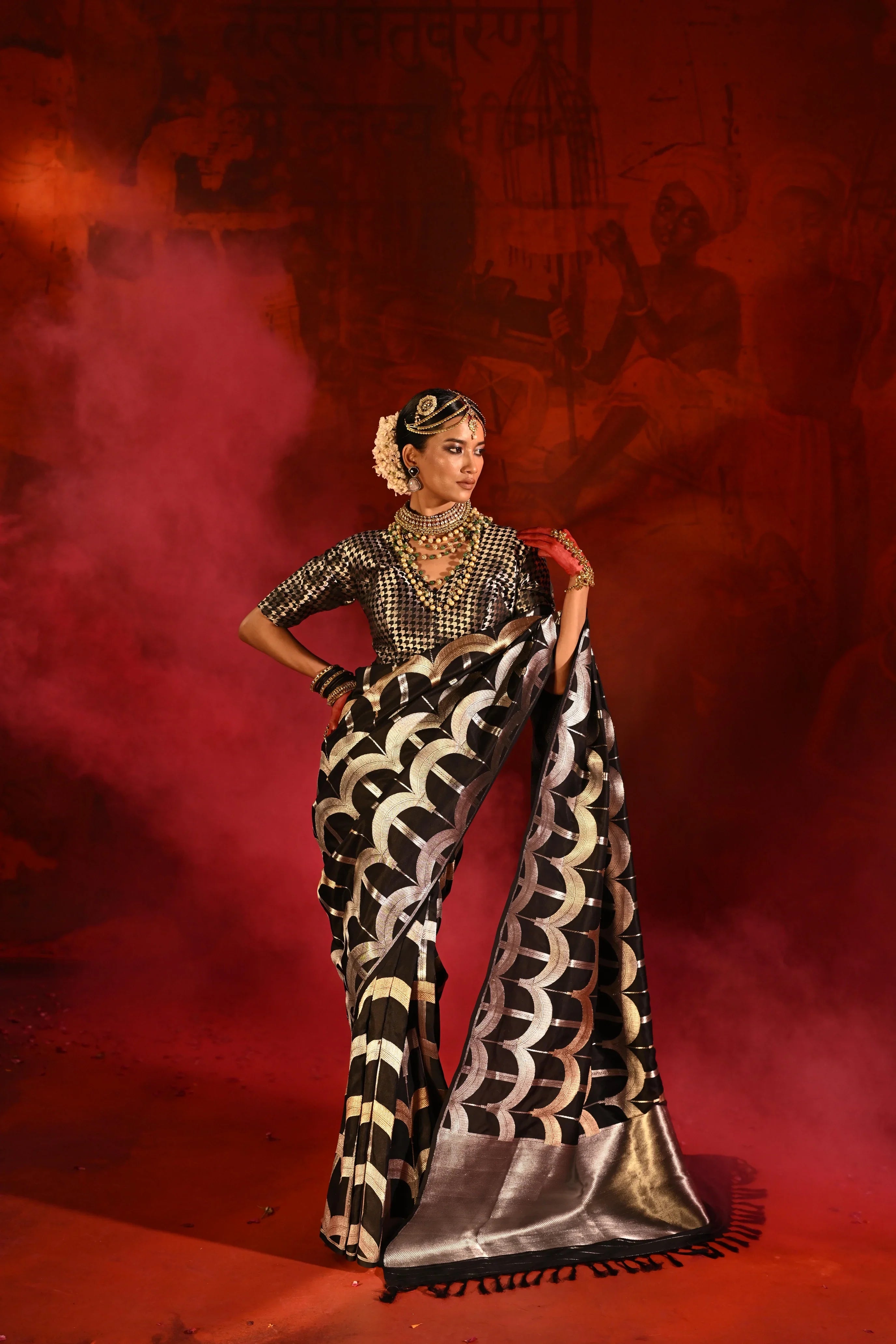 Black Banarasi Silk Saree with Golden-Silver Geometric Zari Weaving - Mokshaa