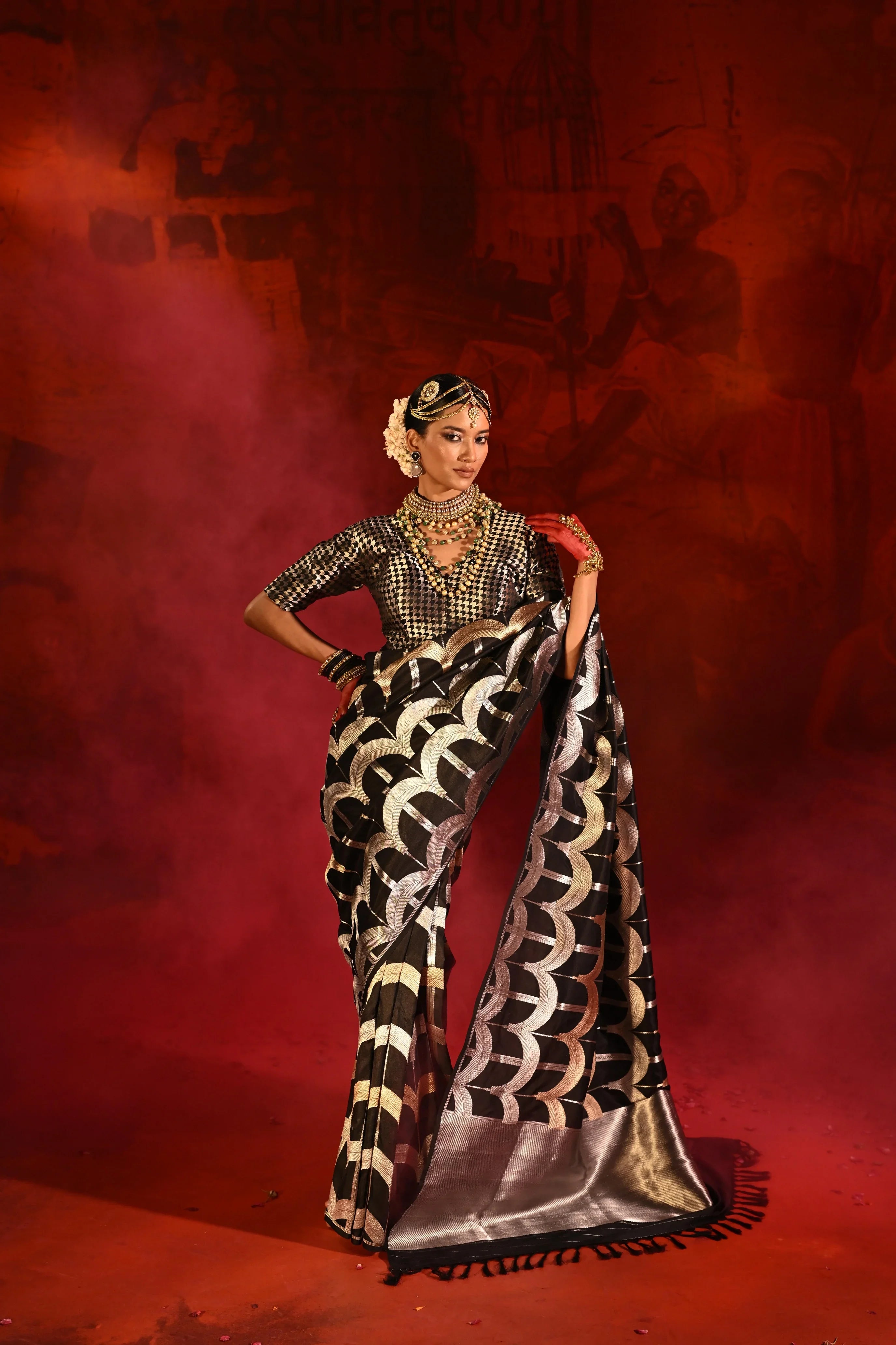 Black Banarasi Silk Saree with Golden-Silver Geometric Zari Weaving - Mokshaa