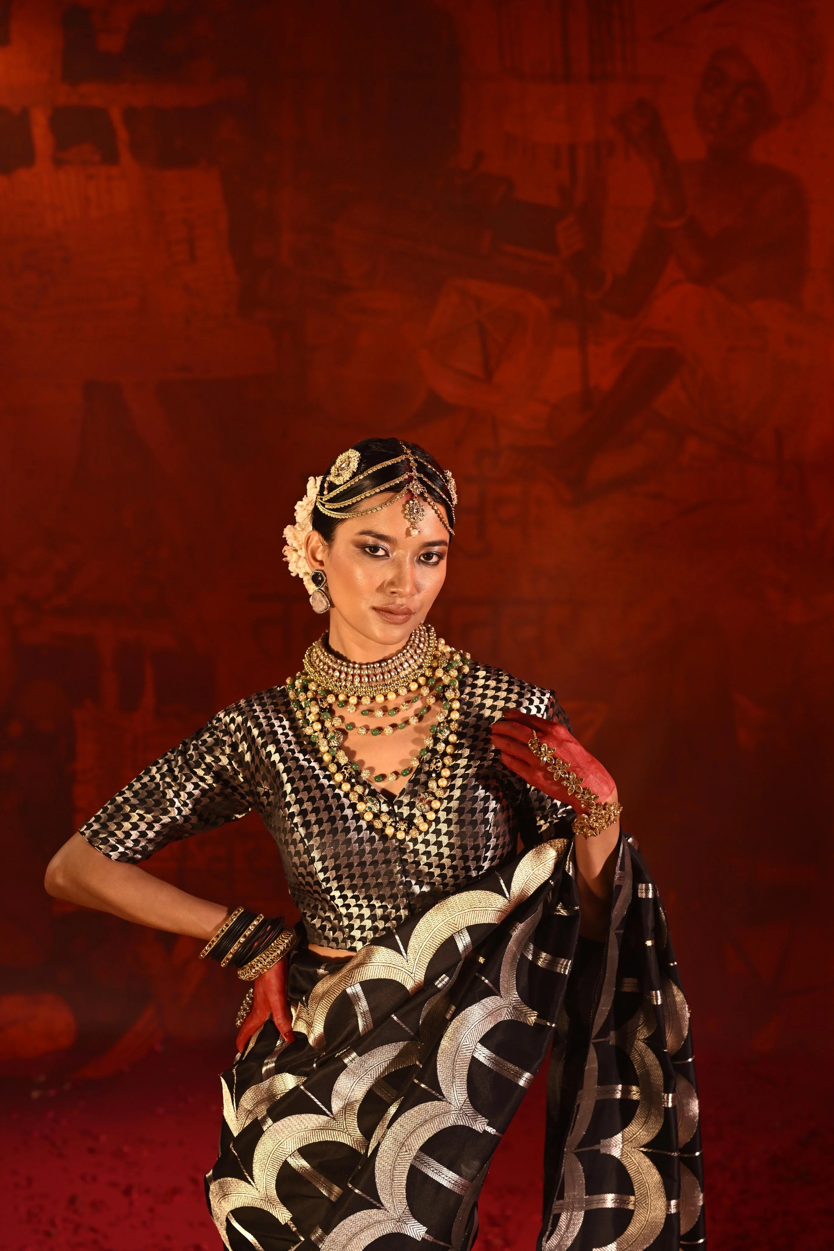 Black Banarasi Silk Saree with Golden-Silver Geometric Zari Weaving - Mokshaa
