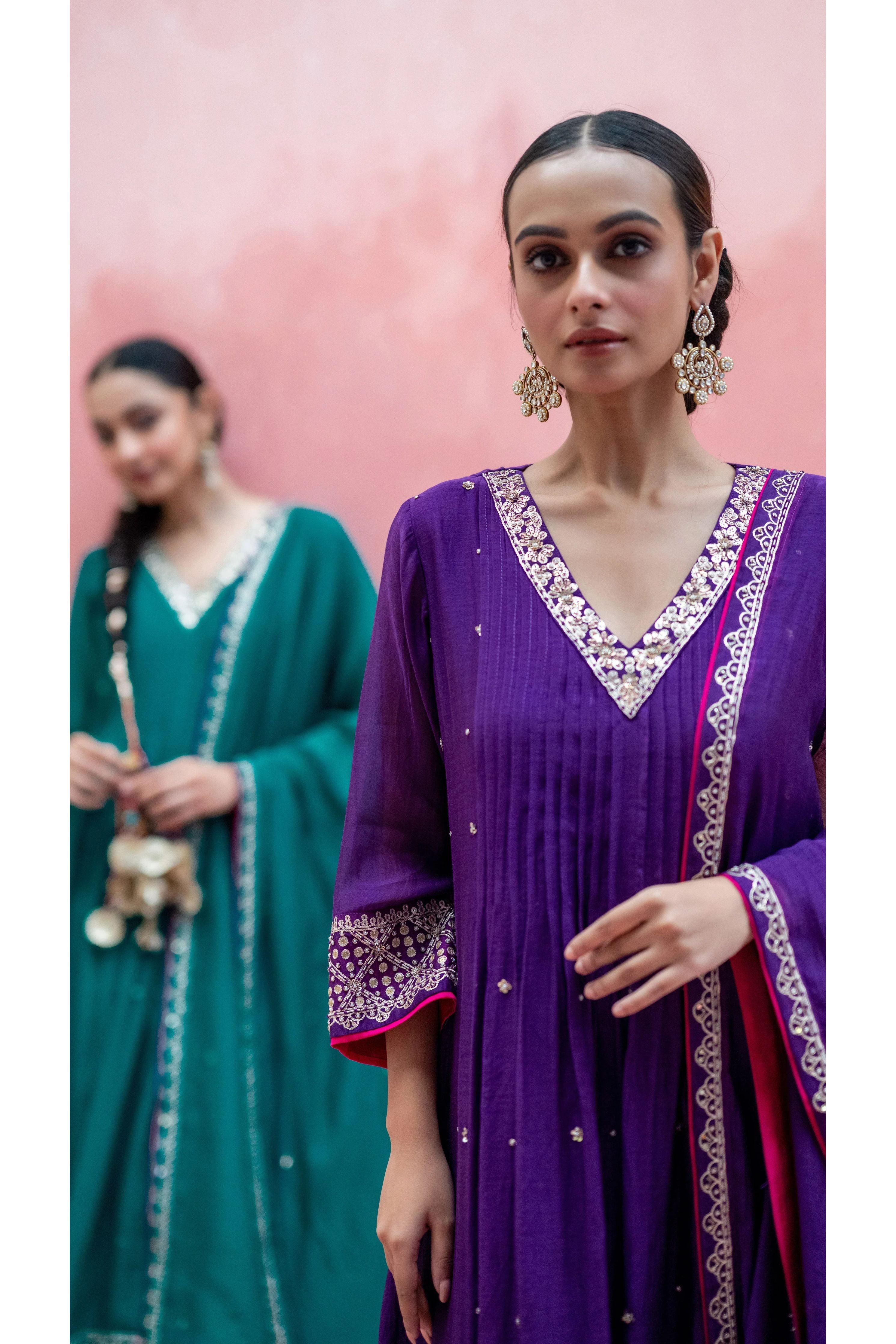 Aubergine Mul Chanderi Embroidered Kurta Set - Mokshaa