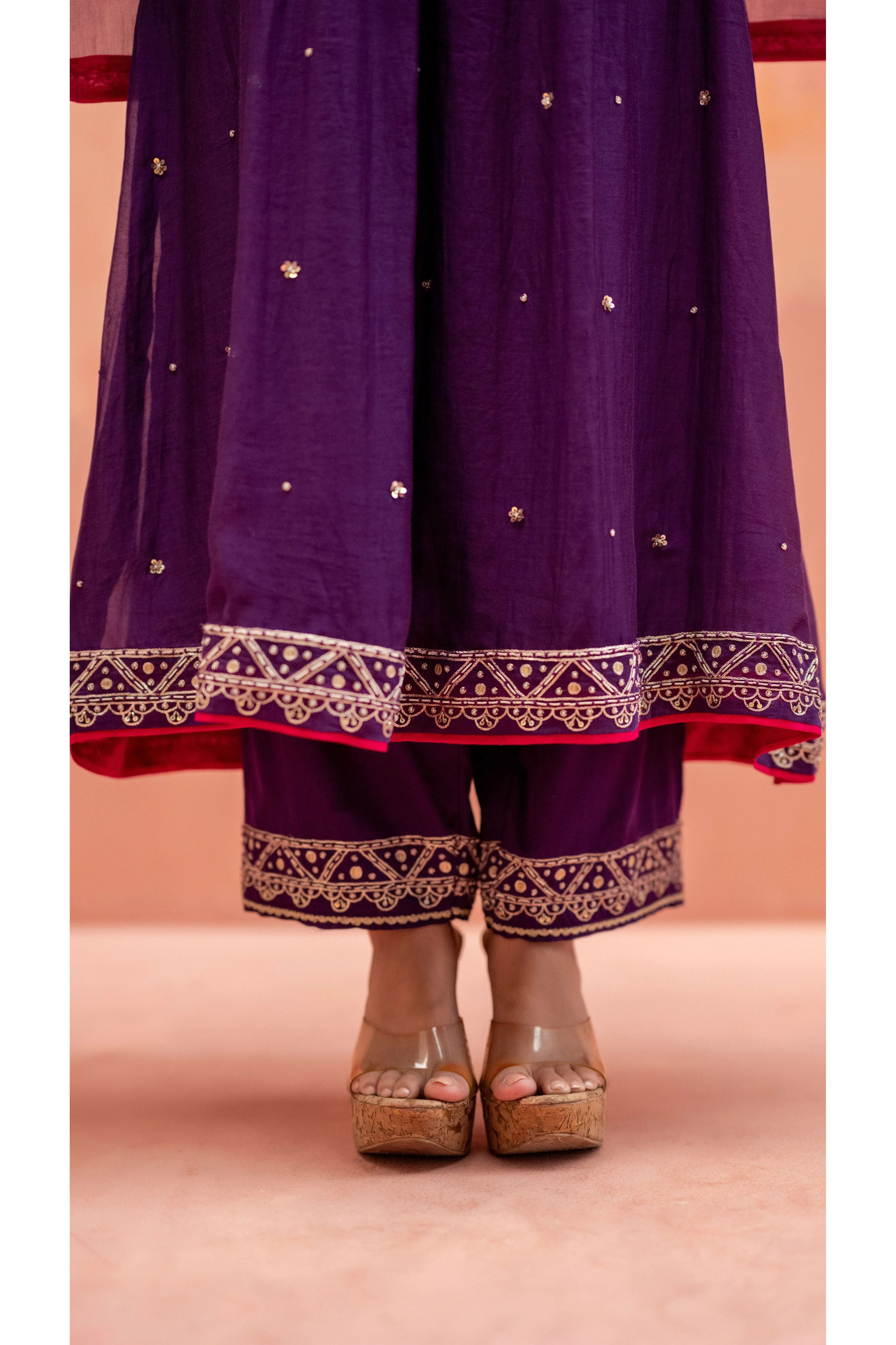 Aubergine Mul Chanderi Embroidered Kurta Set - Mokshaa