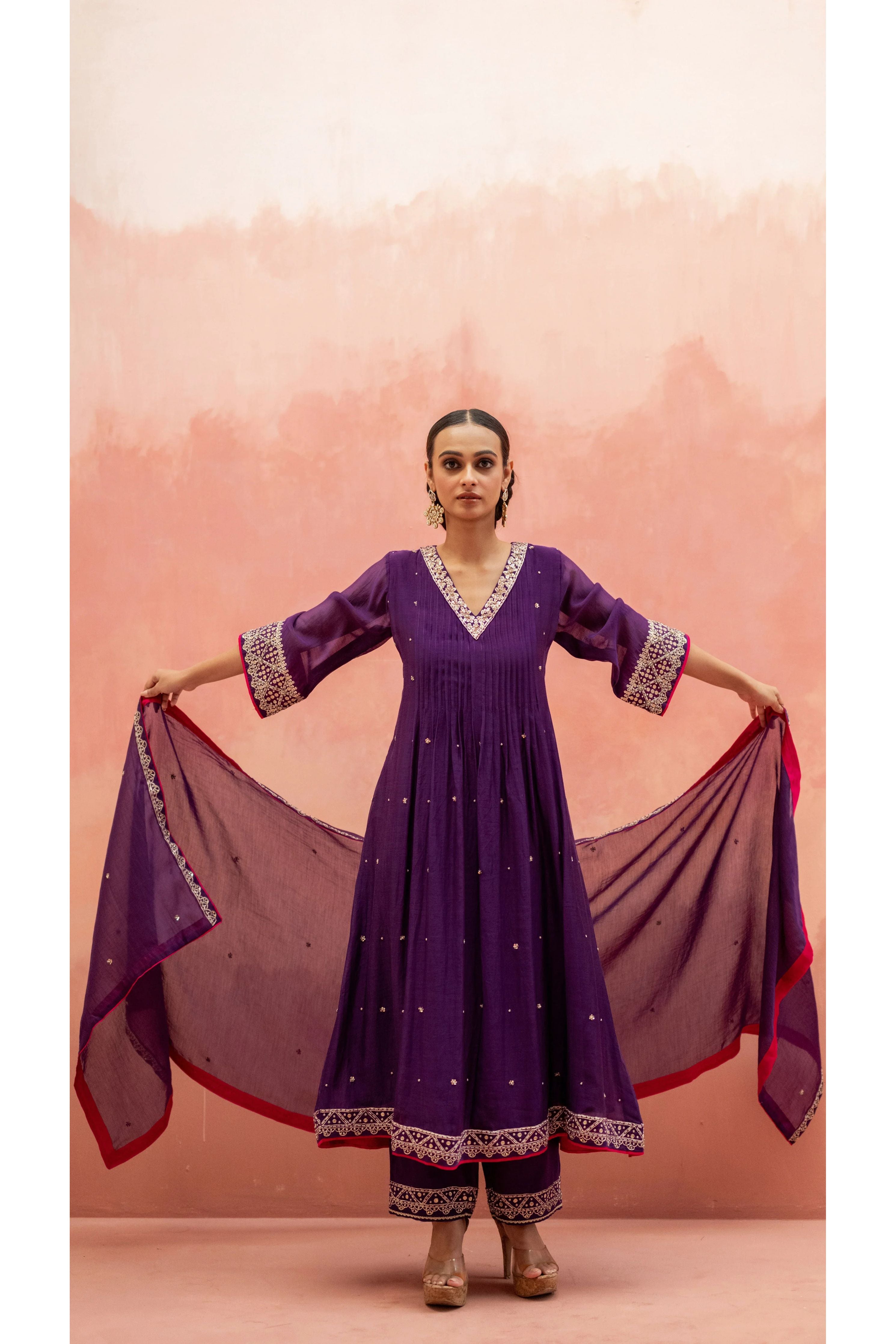 Aubergine Mul Chanderi Embroidered Kurta Set - Mokshaa