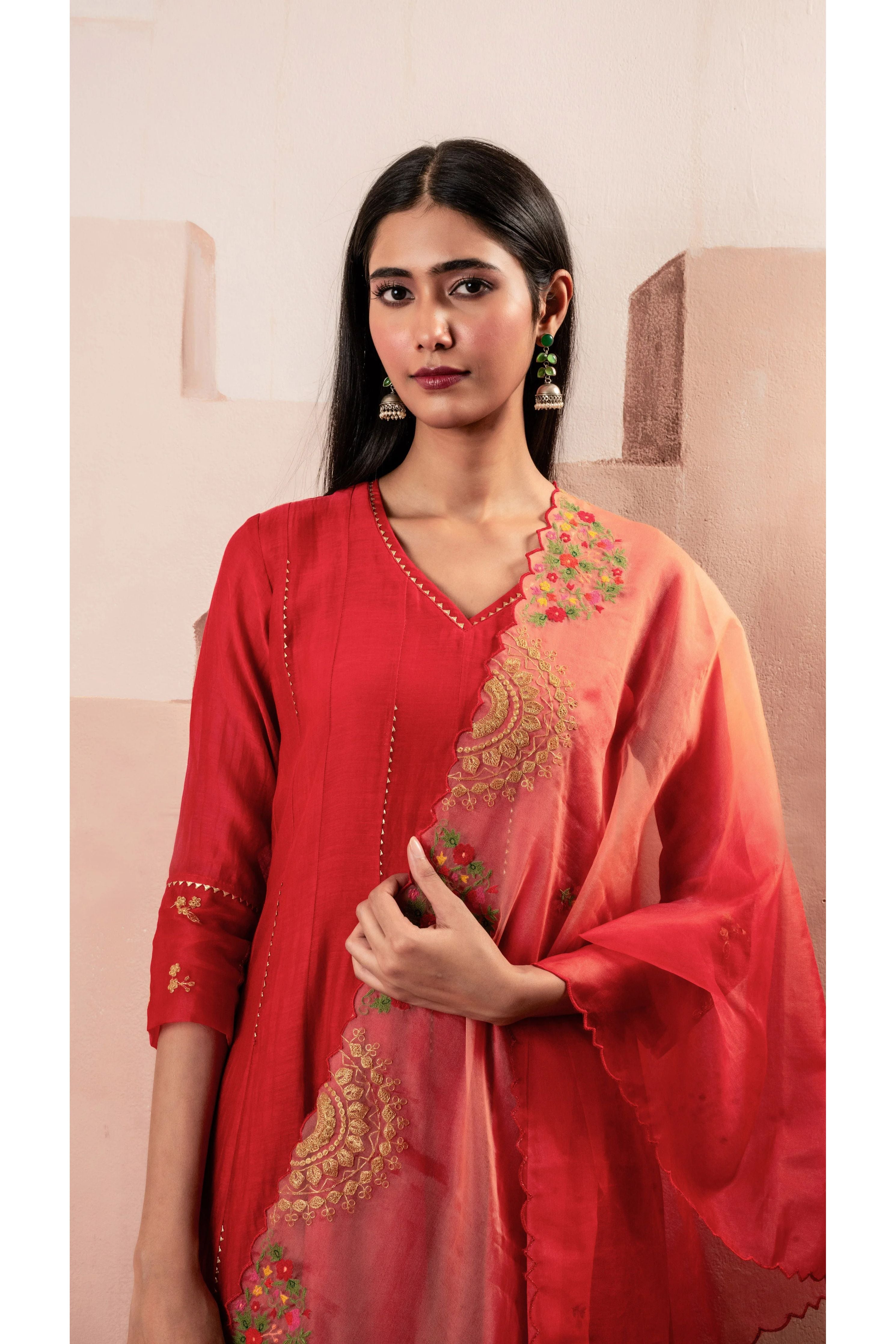 Red Mul Chanderi Anarkali Set | Salwar Kameez | Mokshaa