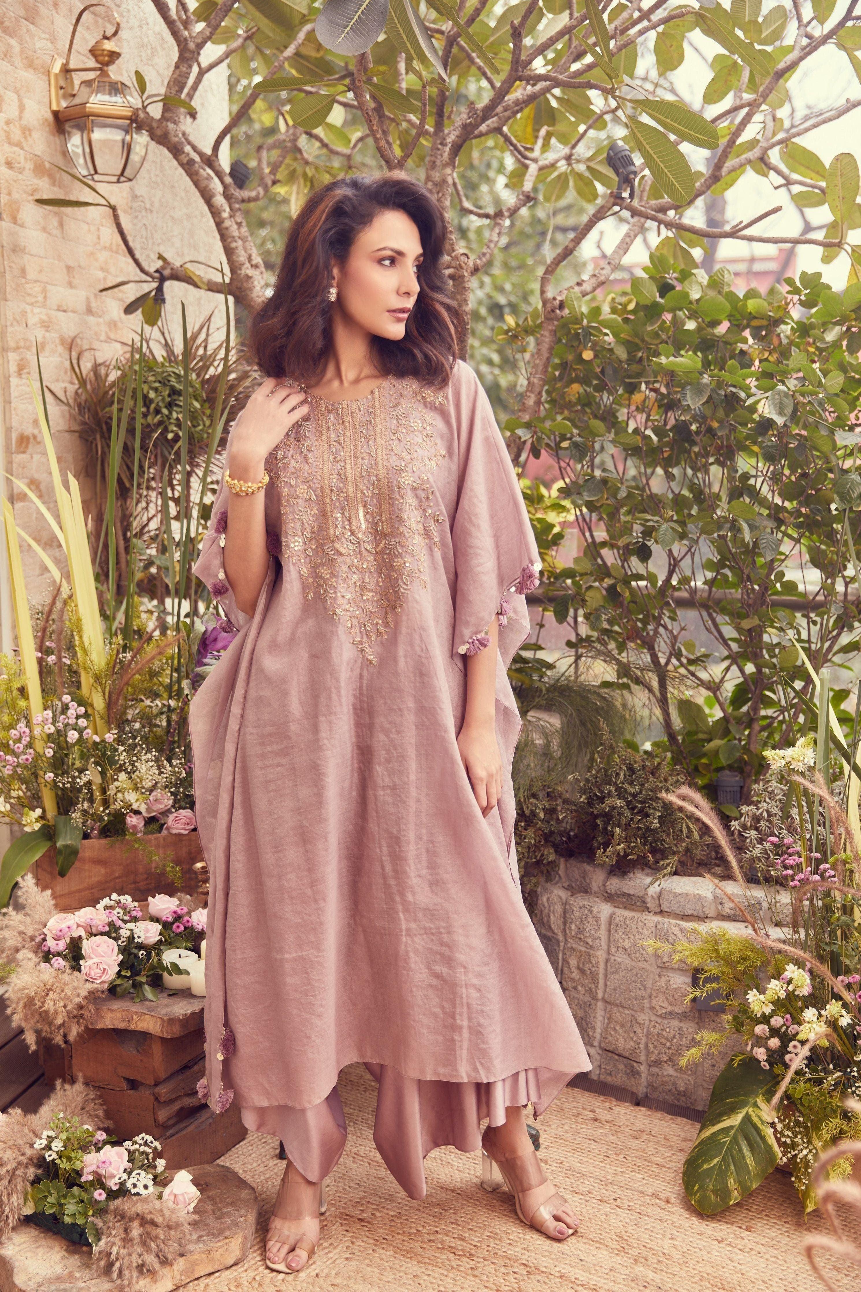 Lavender Tissue Chanderi Kaftaan With Cotton Satin Pants - Mokshaa