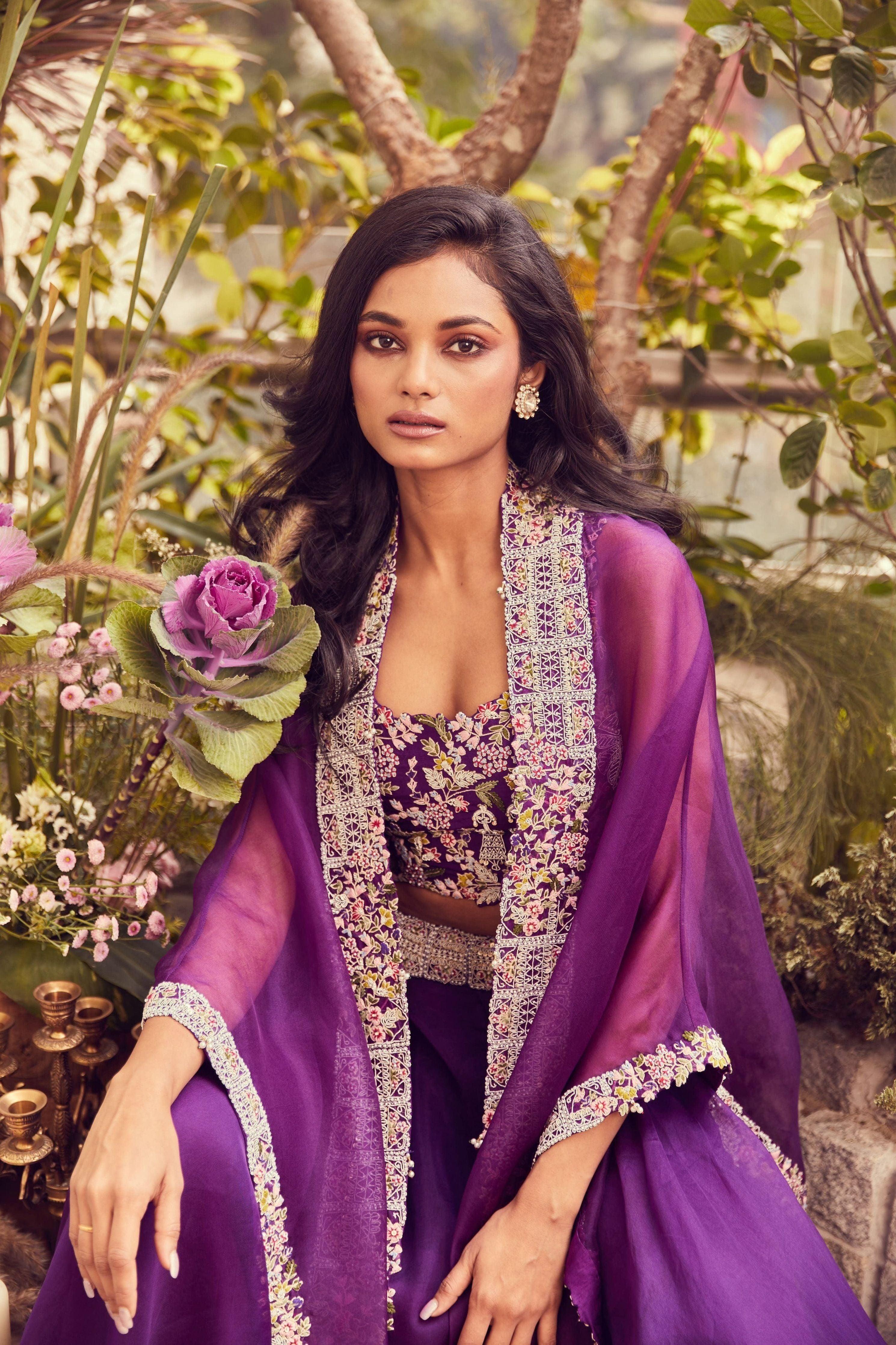 Dark Aubergine Silk Blouse With Organza Cape And Skirt - Mokshaa