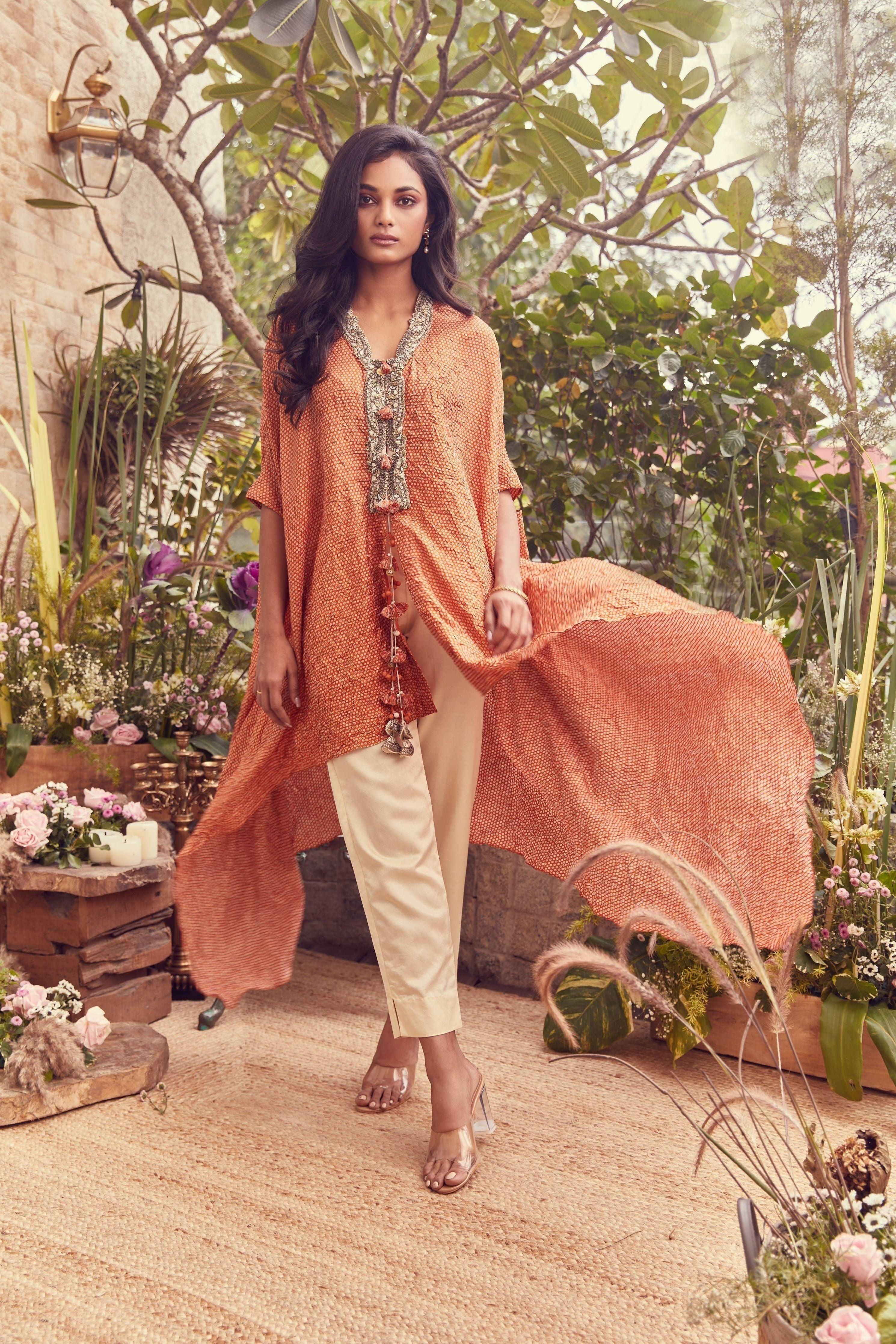 Orange Bandhej Crushed Kaftaan With Cotton Satin Pants - Mokshaa