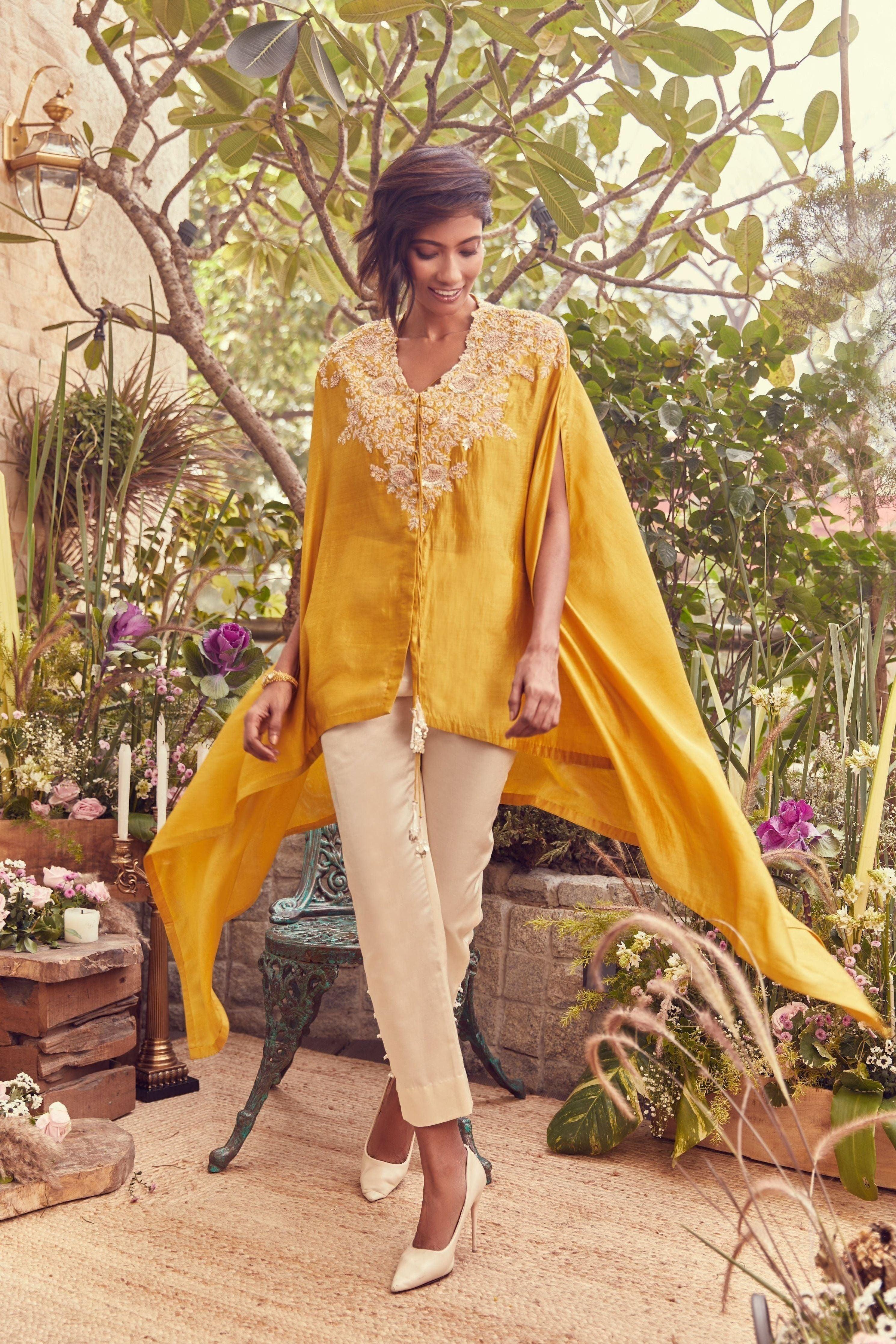 Ochere Chanderi Kaftaan And Cotton Satin Pants - Mokshaa