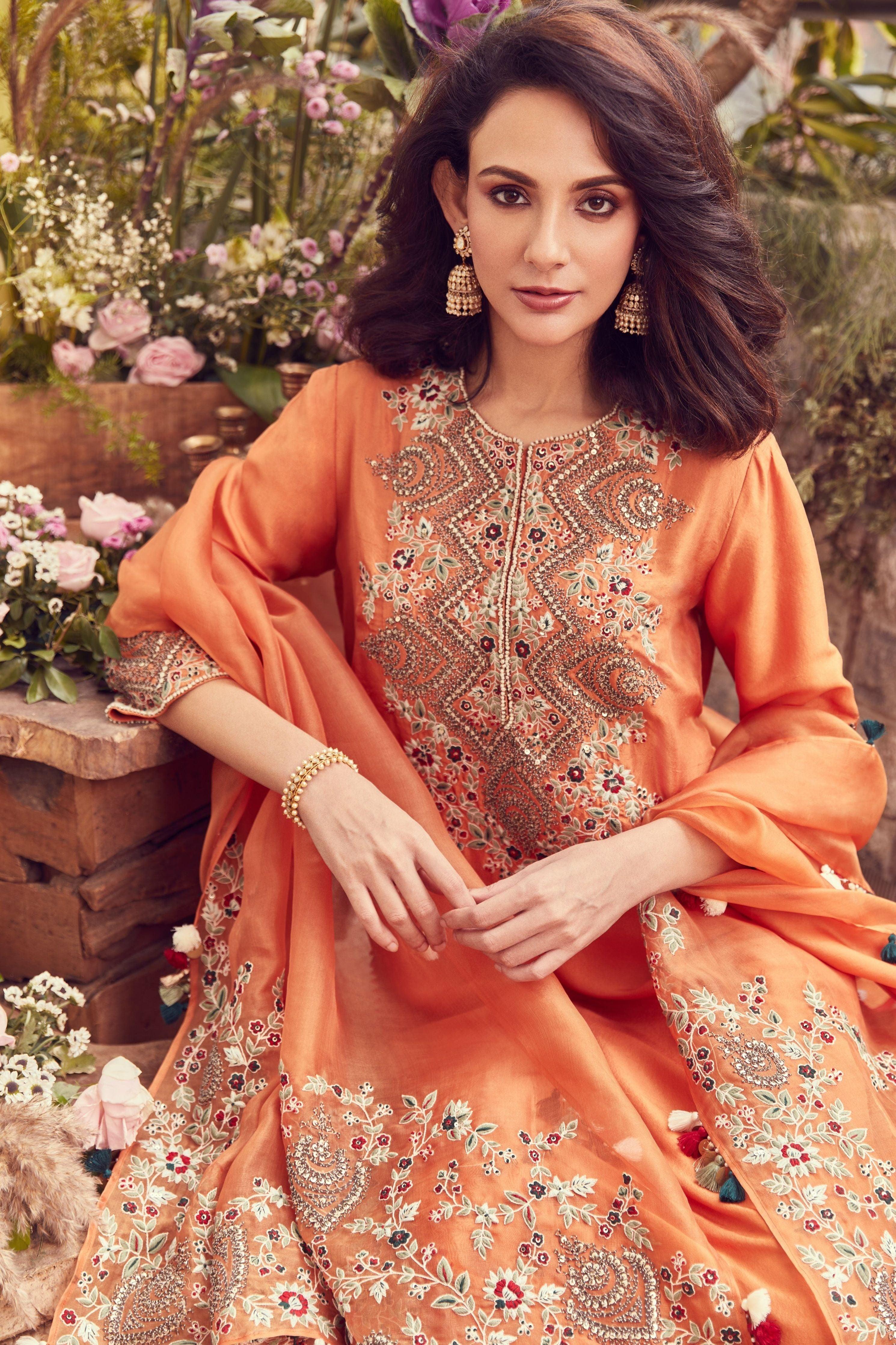 Rust Silk Kurta With Cotton Satin Sharara And Organza Dupatta - Mokshaa