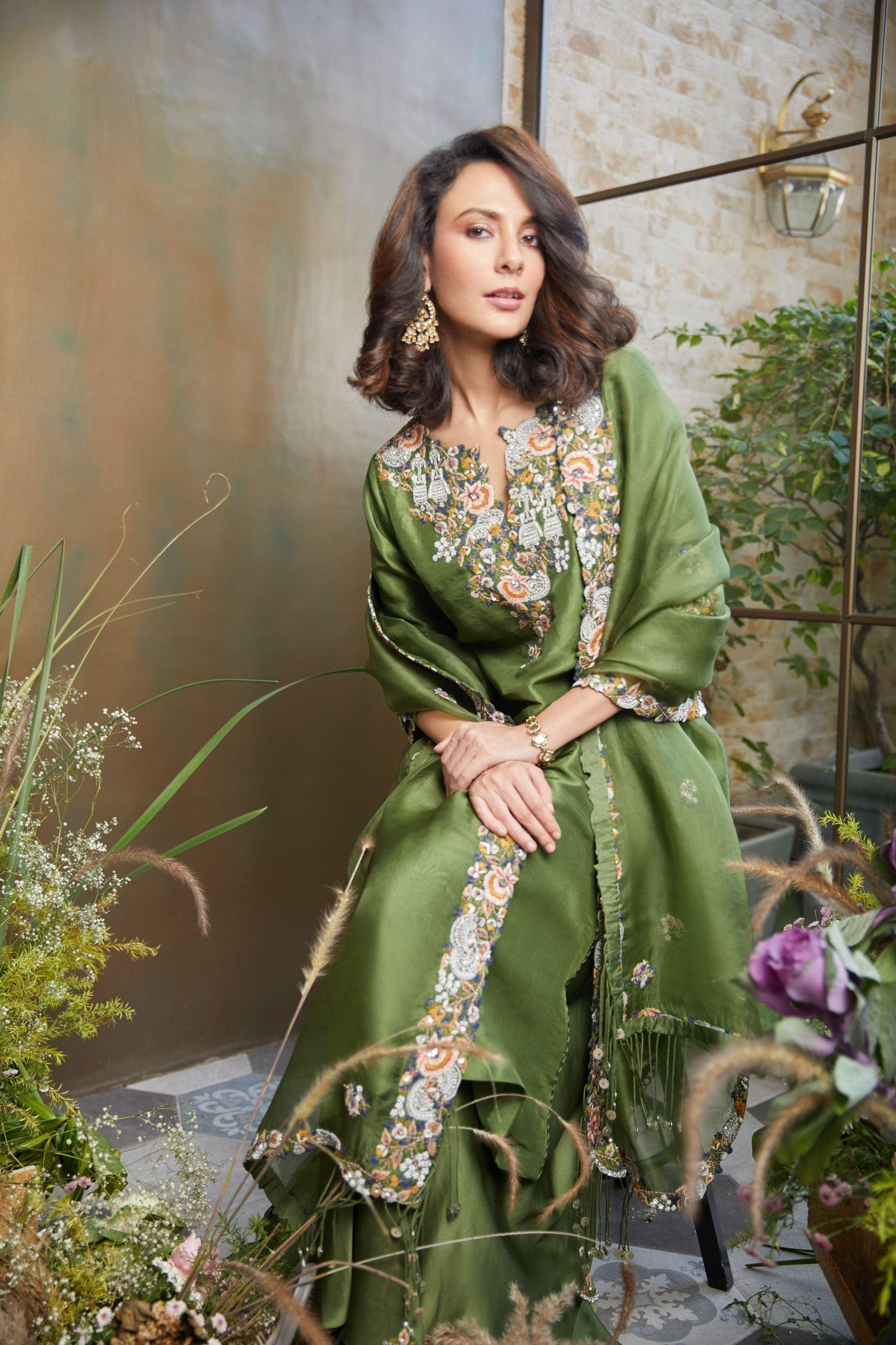 Green Silk Kurta With Cotton Satin Sharara And Organza Dupatta - Mokshaa