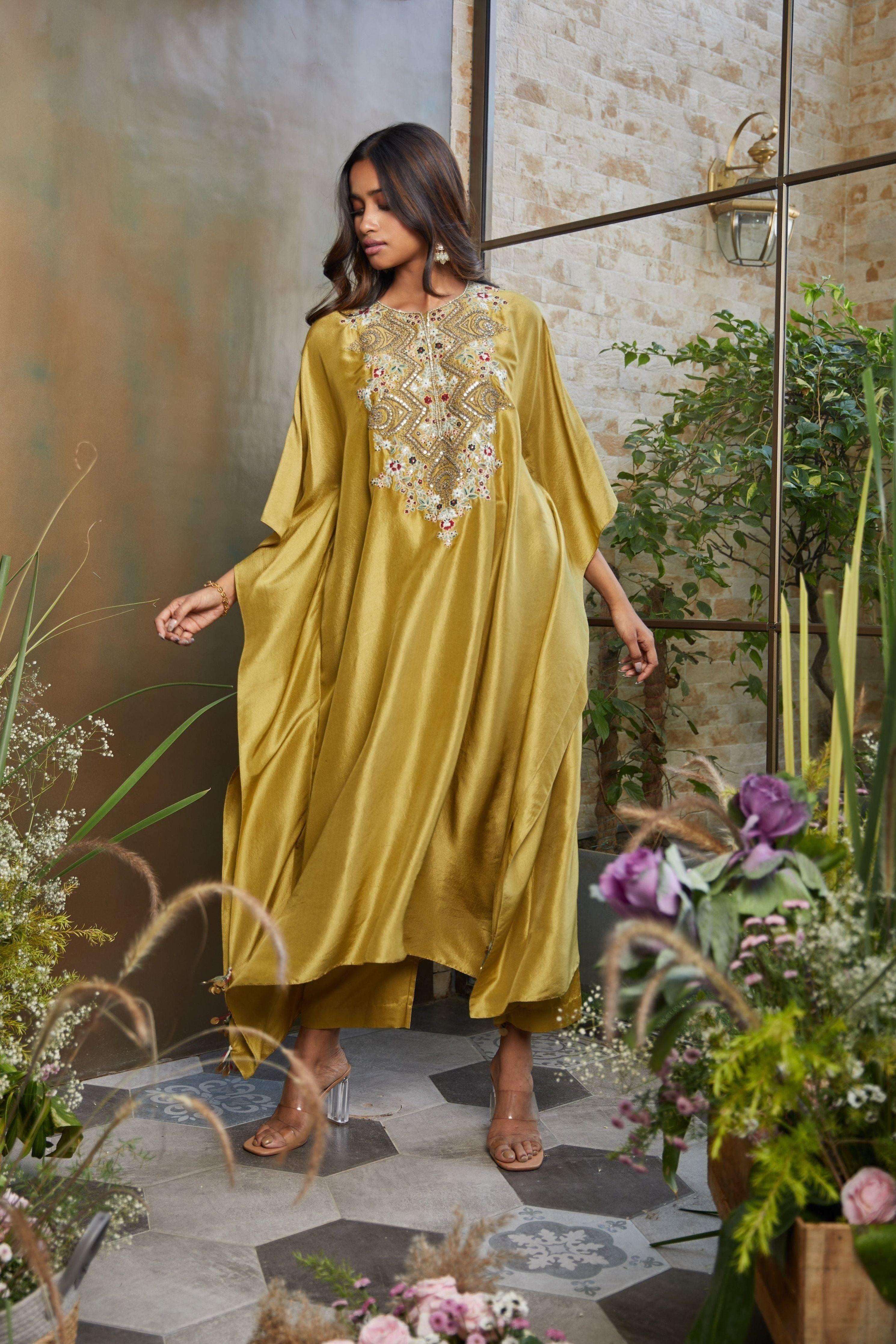 Olive Silk Kaftaan With Cotton Satin Straight Pants - Mokshaa