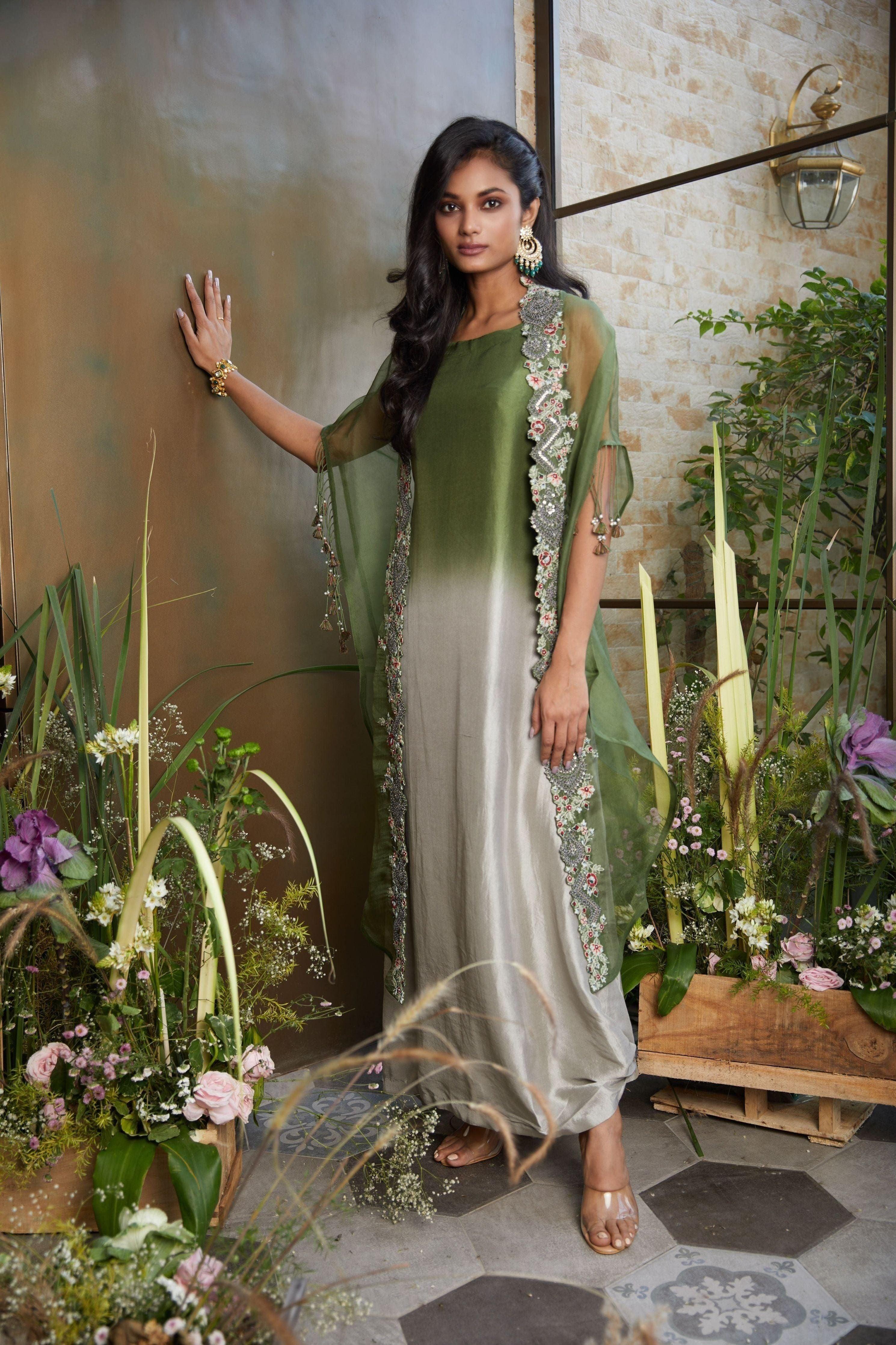 Ombre Silk Long Dress With Organza Cape - Mokshaa