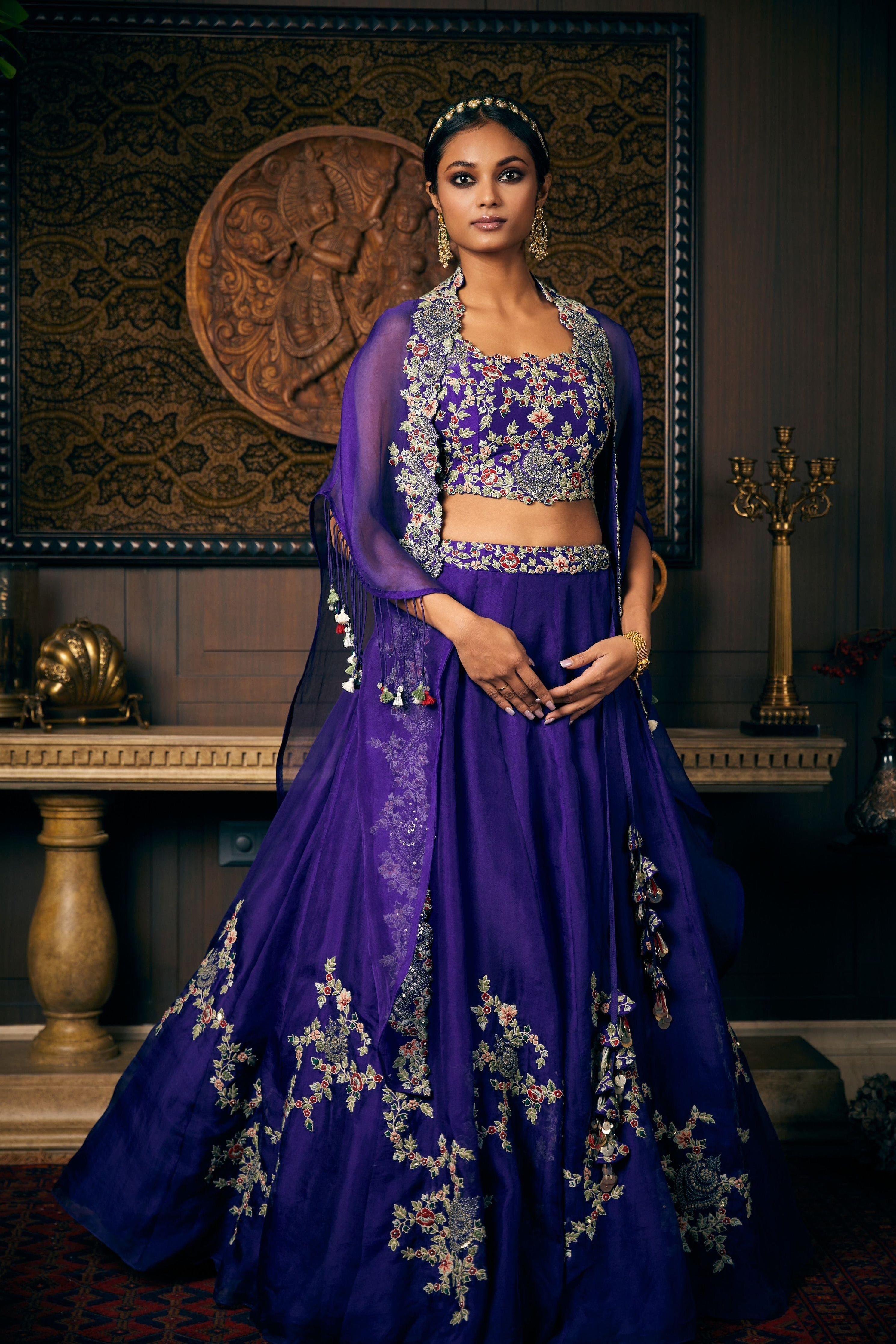 Dark Aubergine Organza Lehenga And Organza Cape With Silk Blouse - Mokshaa