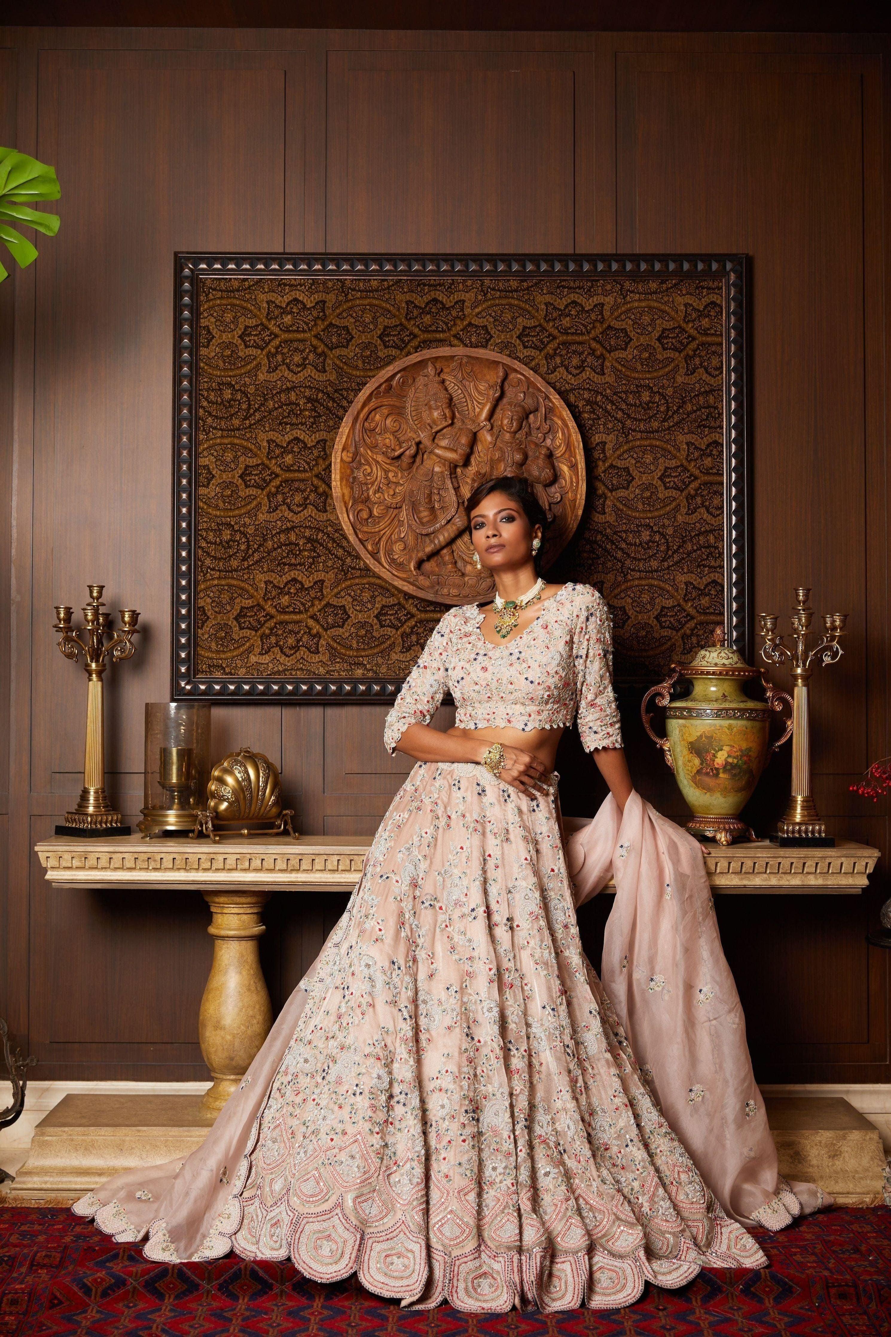 Light Flamingo Tissue Lehenga And Blouse With Organza Dupatta - Mokshaa