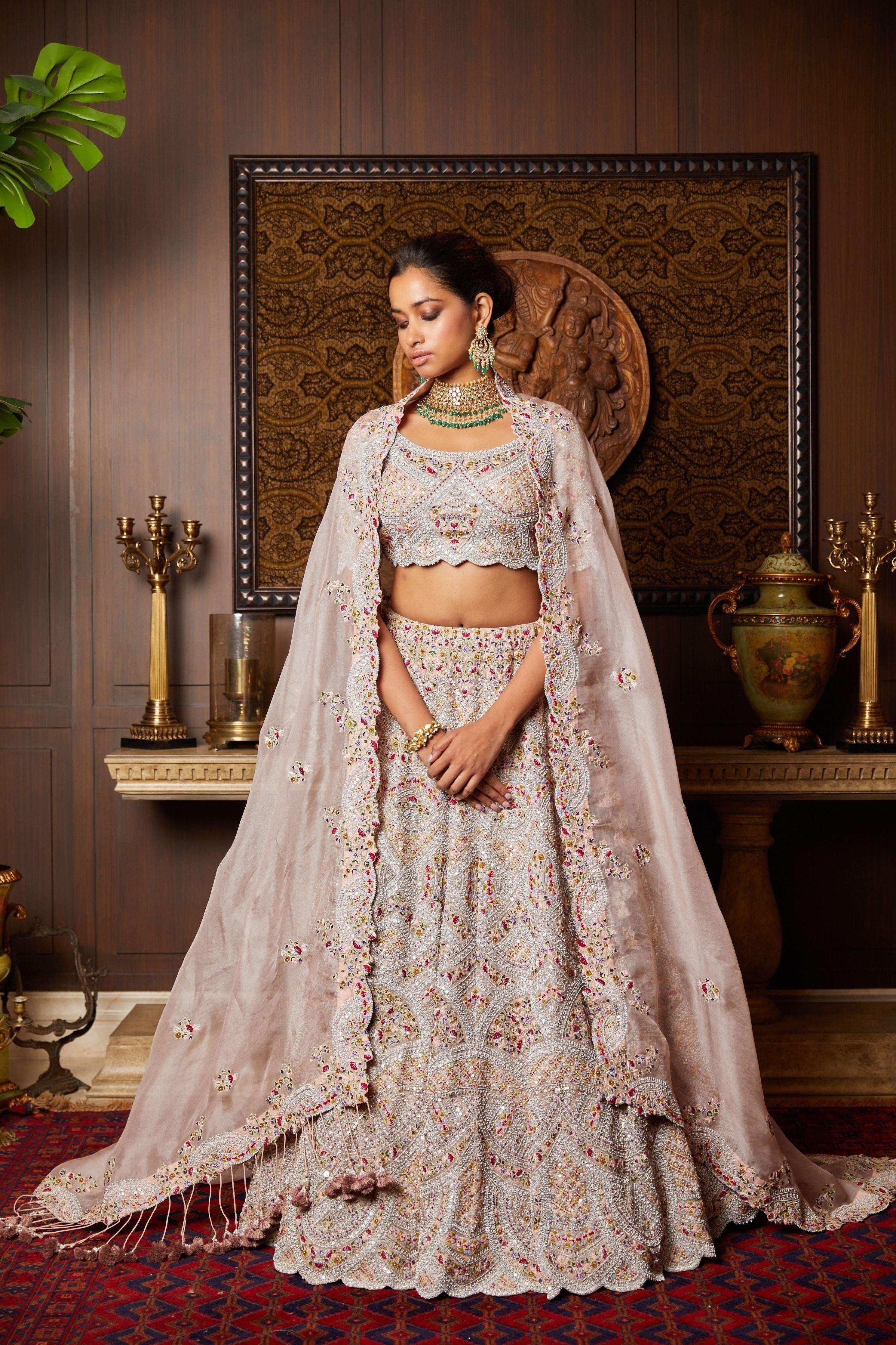 Tissue Lehenga And Blouse With Organza Dupatta - Mokshaa