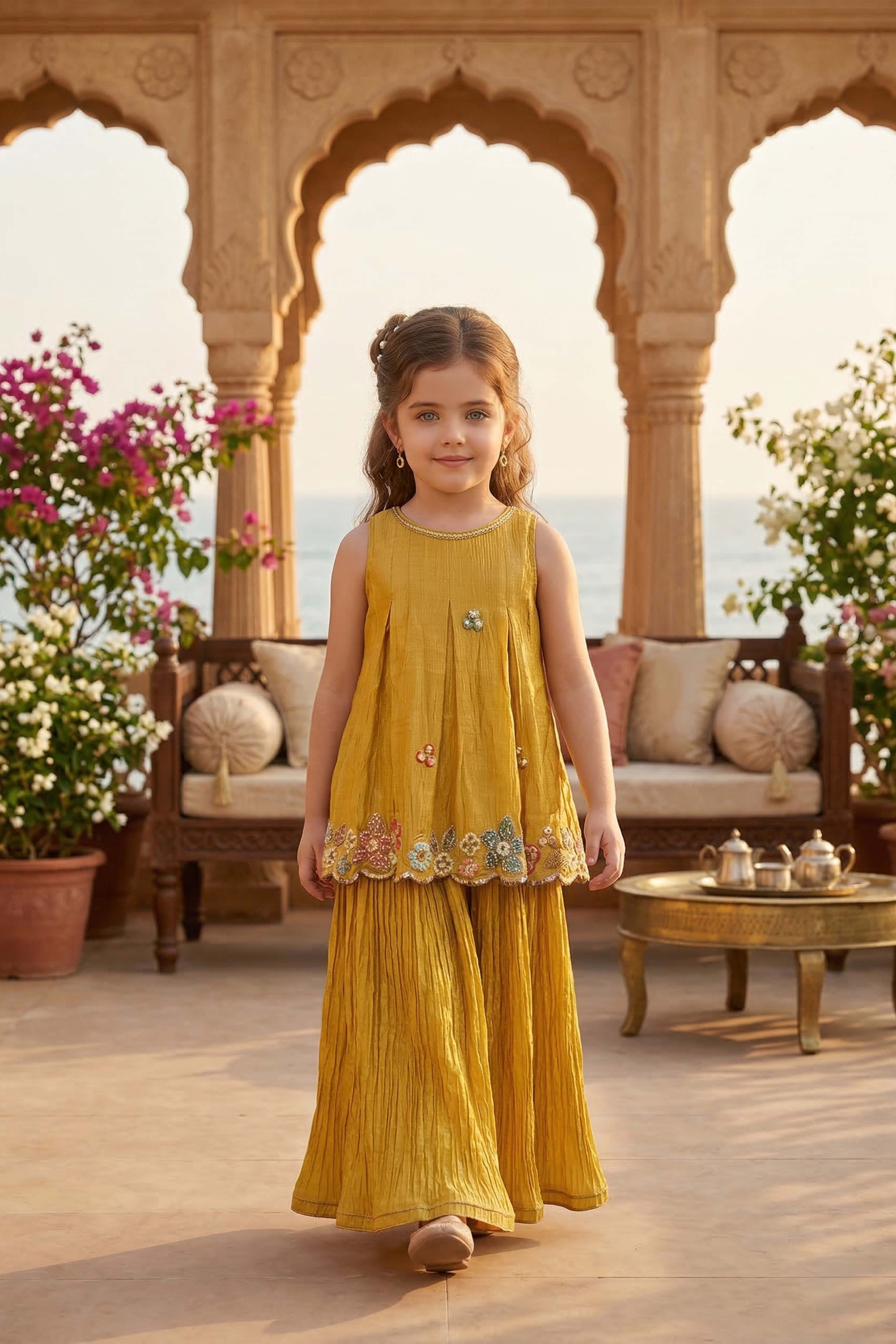 Mustard Yellow Crushed Fabric Multicolour Floral Embroidered Kurti & Palazzo Set for Girls