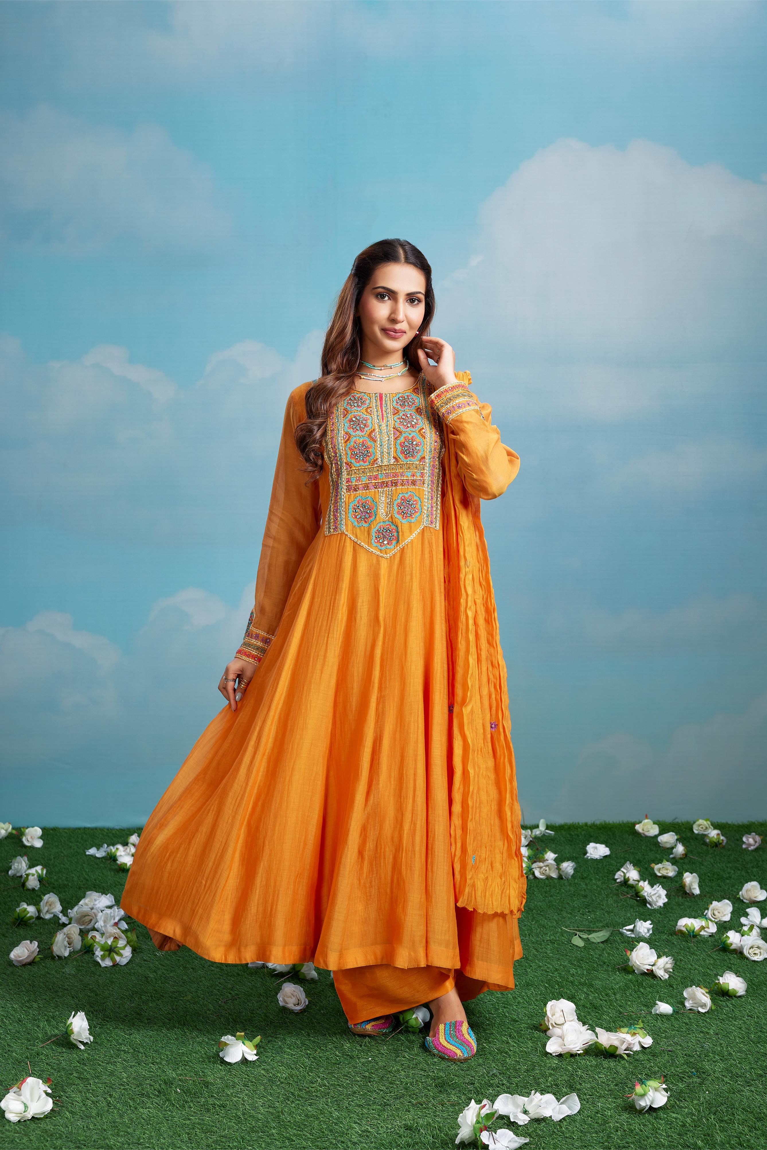 Amber Orange Embroidered Anarkali Set