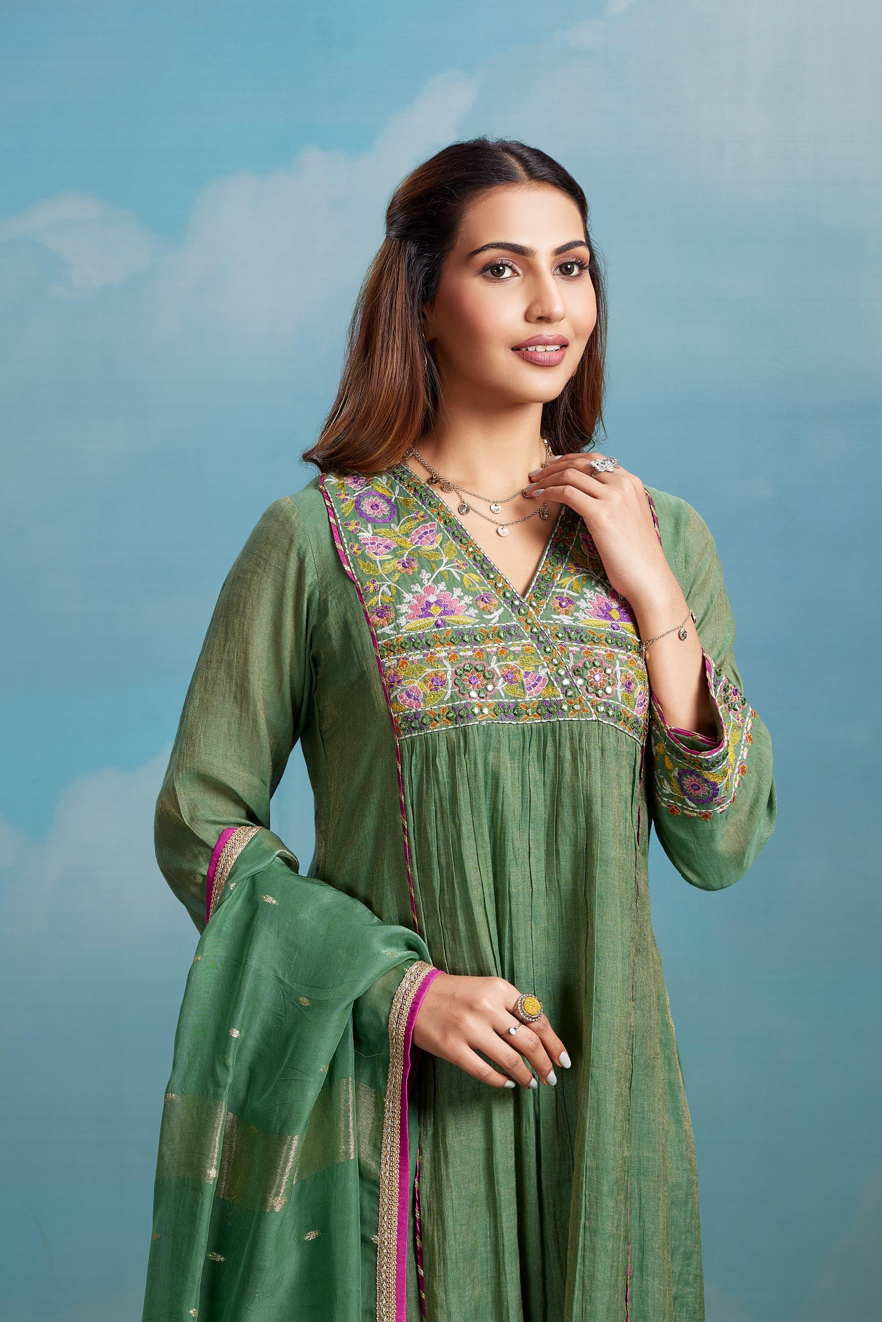 Olive Green Embroidered Anarkali Set