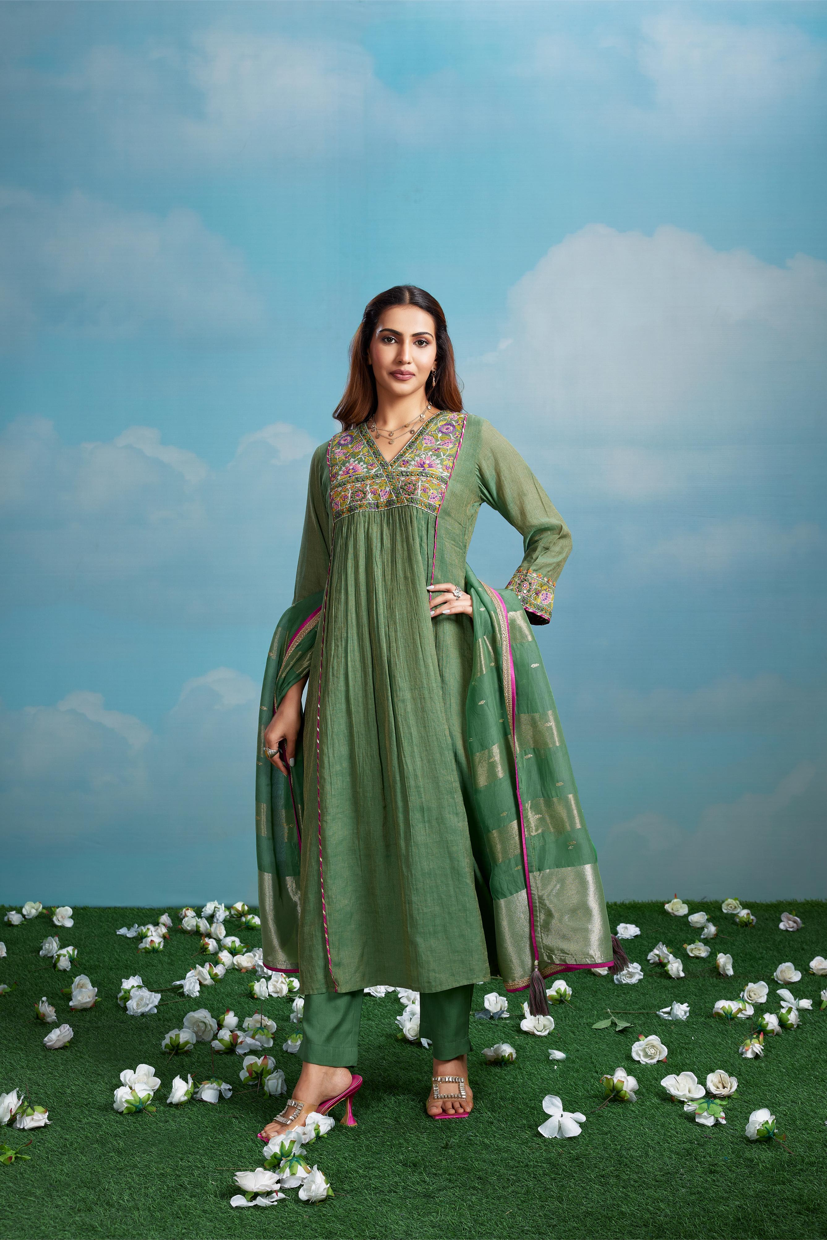 Olive Green Embroidered Anarkali Set