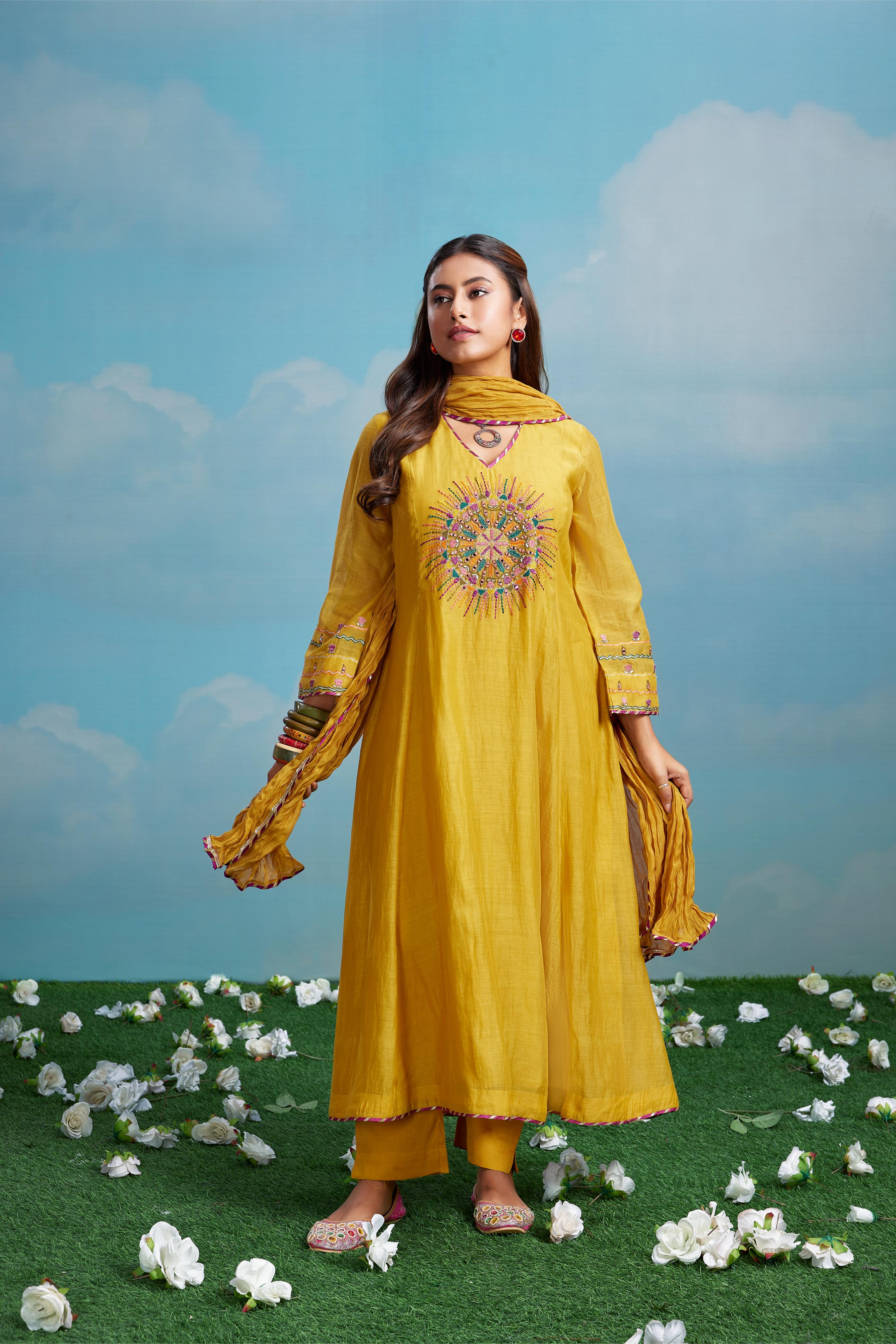 Mustard Mul Anarkali Set