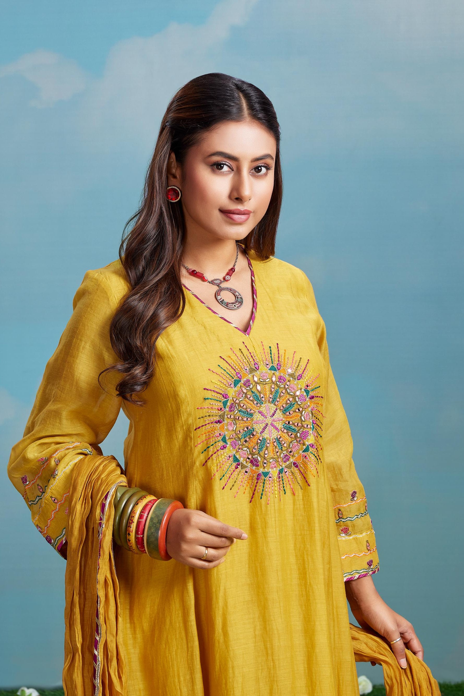 Mustard Mul Anarkali Set