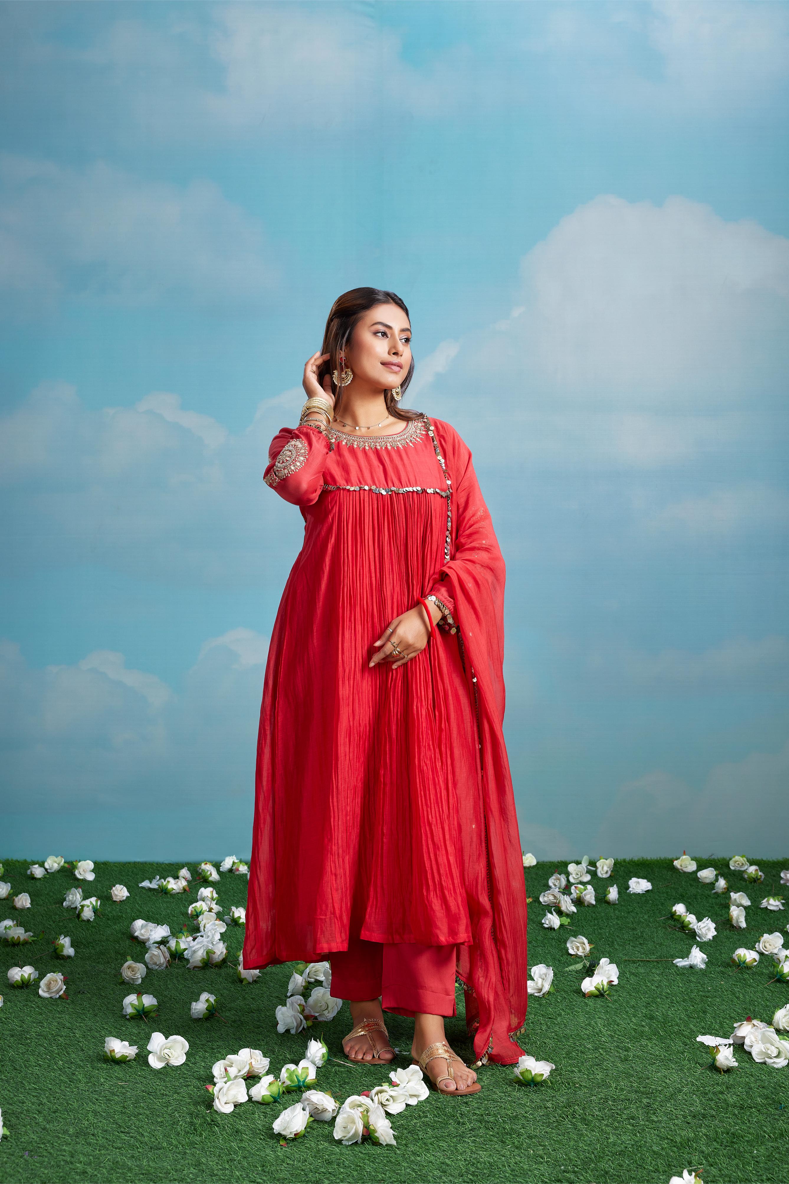 Coral Embroidered Anarkali Set