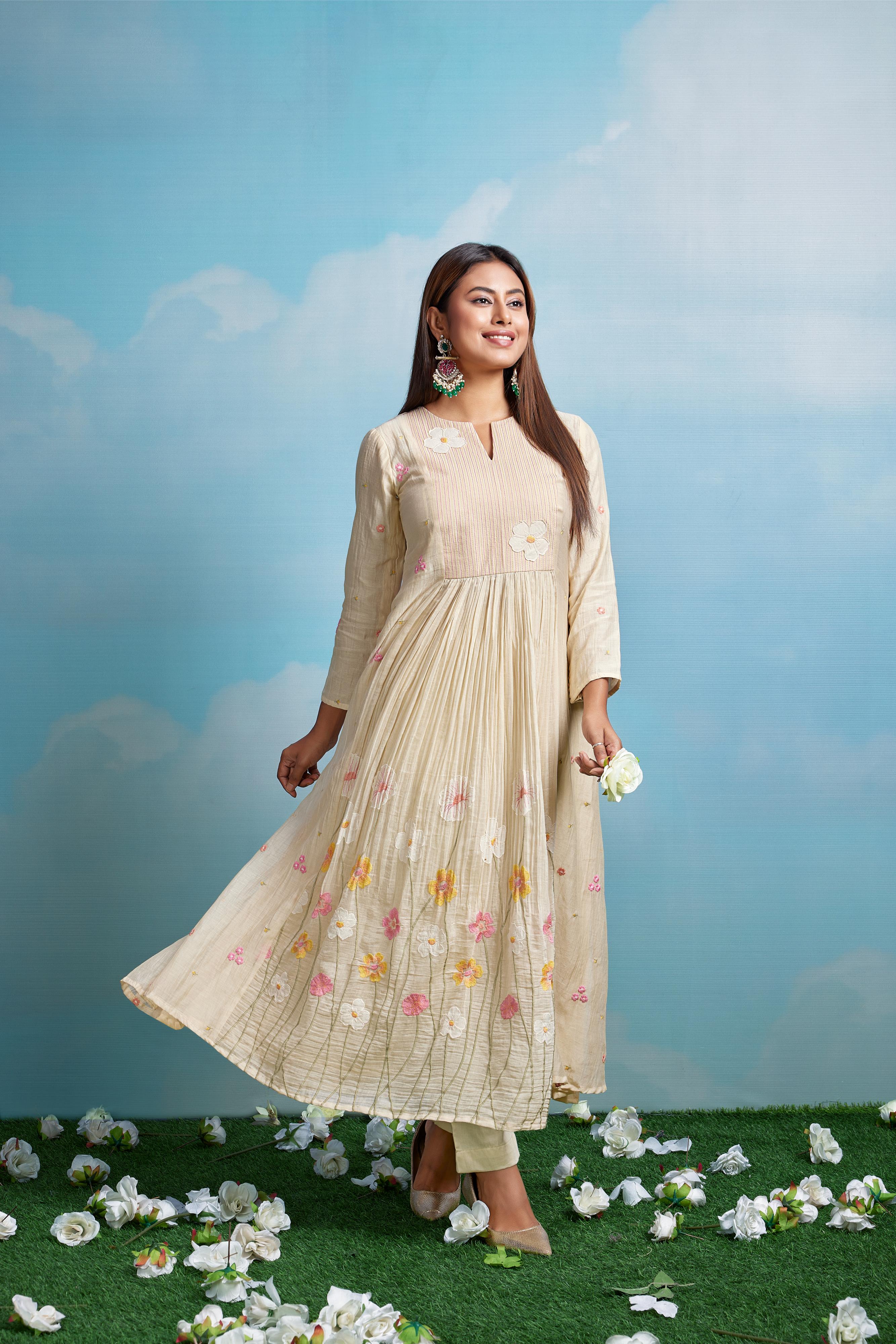 Cream Floral Embroidered Kurta Set