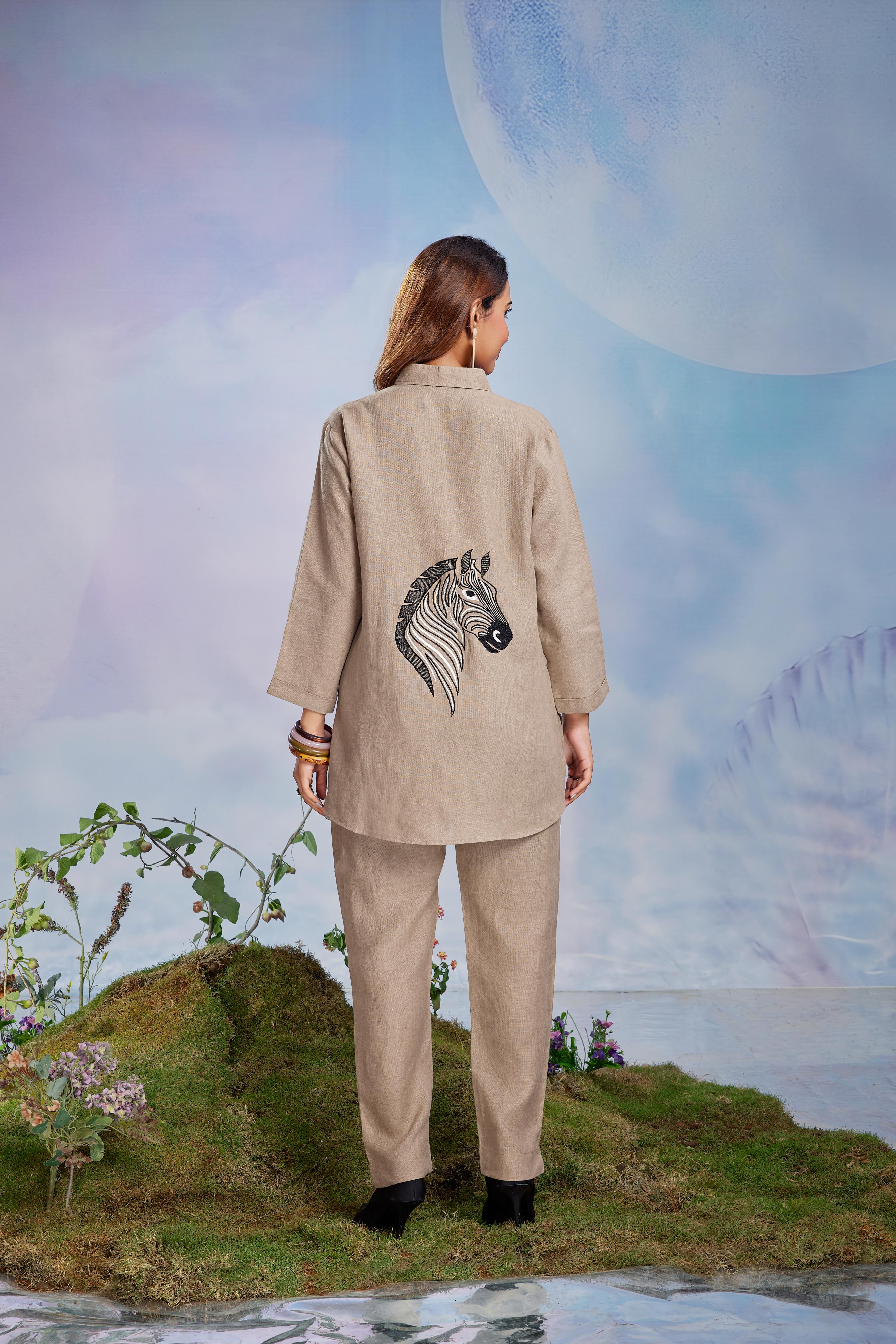 Beige Zebra Embroidered Co-Ord Set