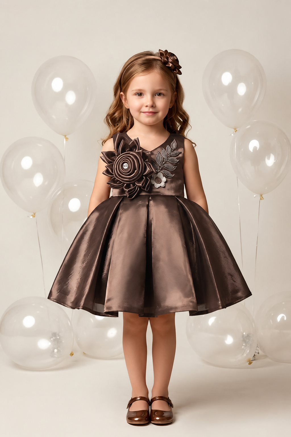 Chocolate Brown Satin Floral Embellished Party Frock for Girls - Mokshaa