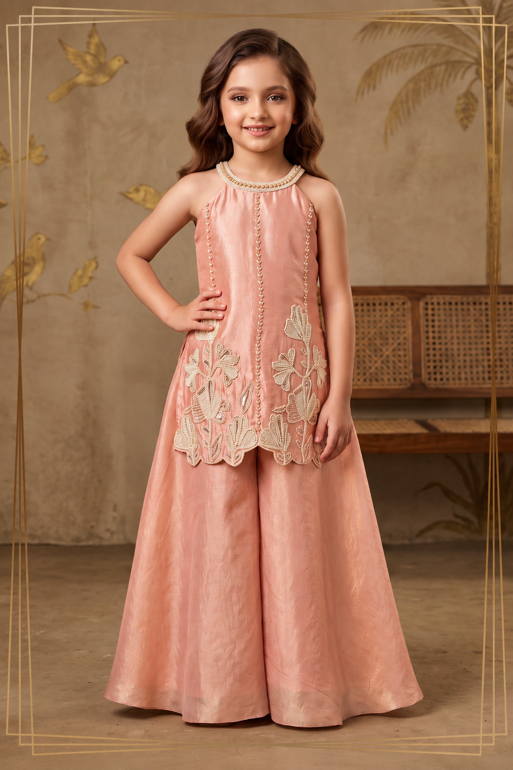 Peach Shimmer Embroidered Top with Palazzo Pants for Girls - Mokshaa