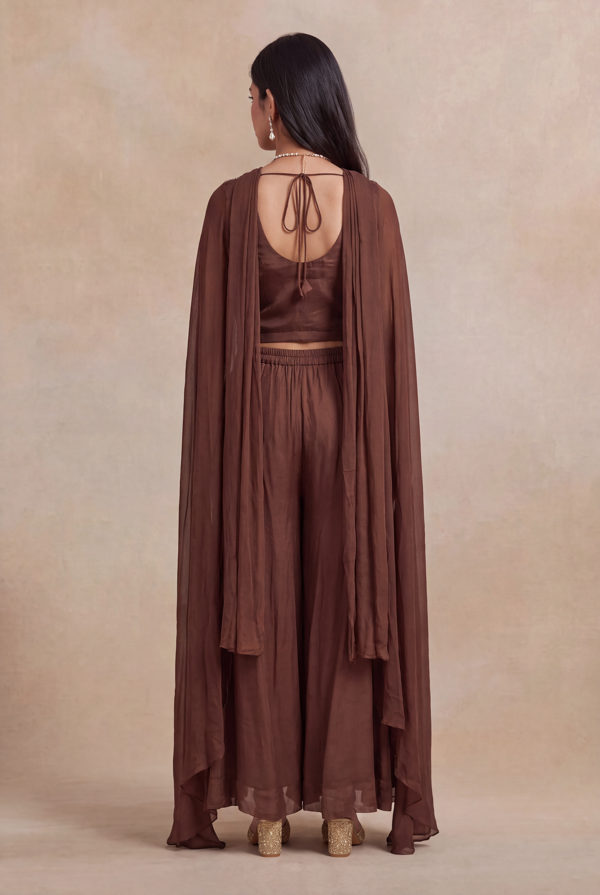 Brown Georgette Indo-Western Palazzo Set - Mokshaa
