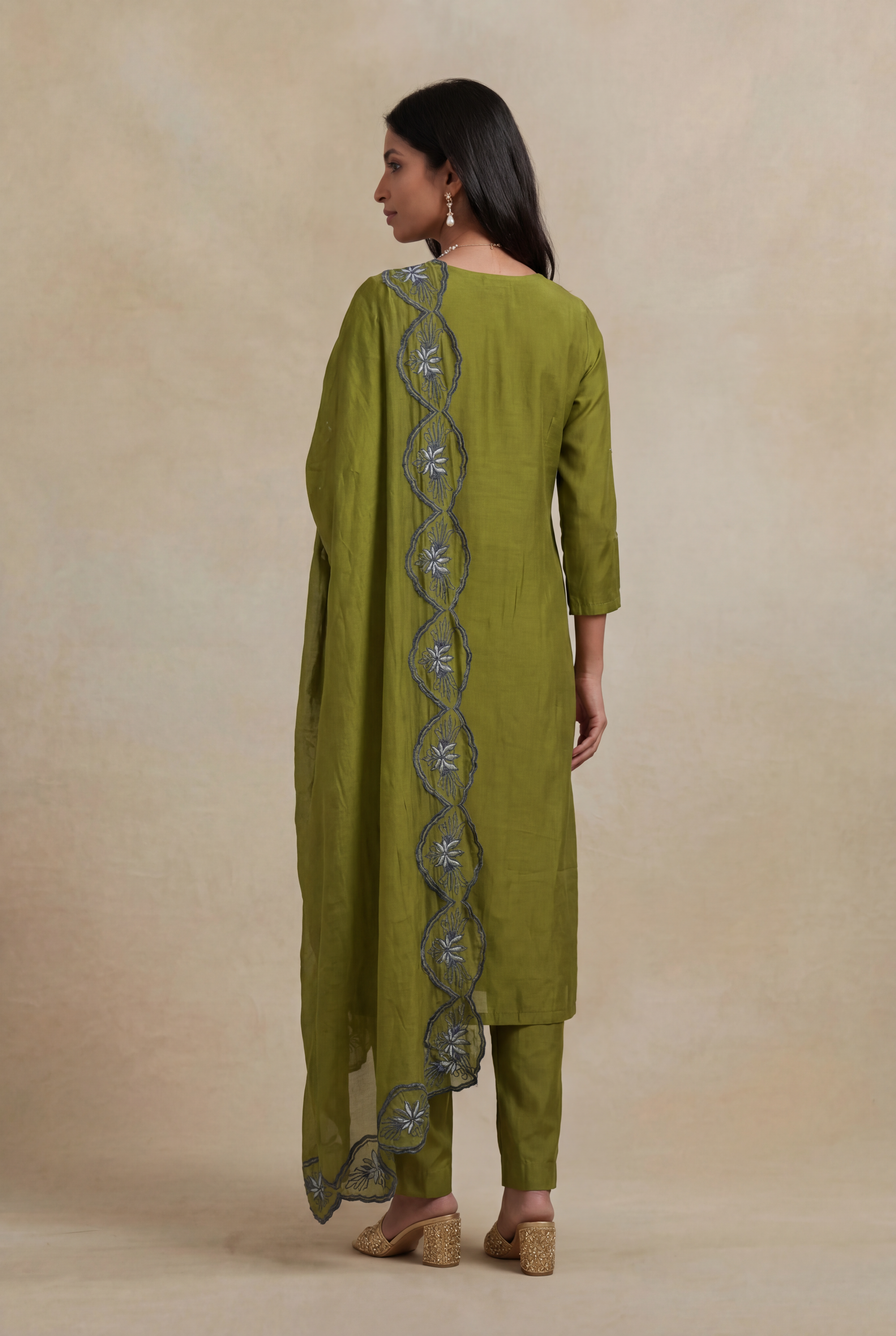 Olive Green Mulmul Cotton Straight Cut Salwar Set