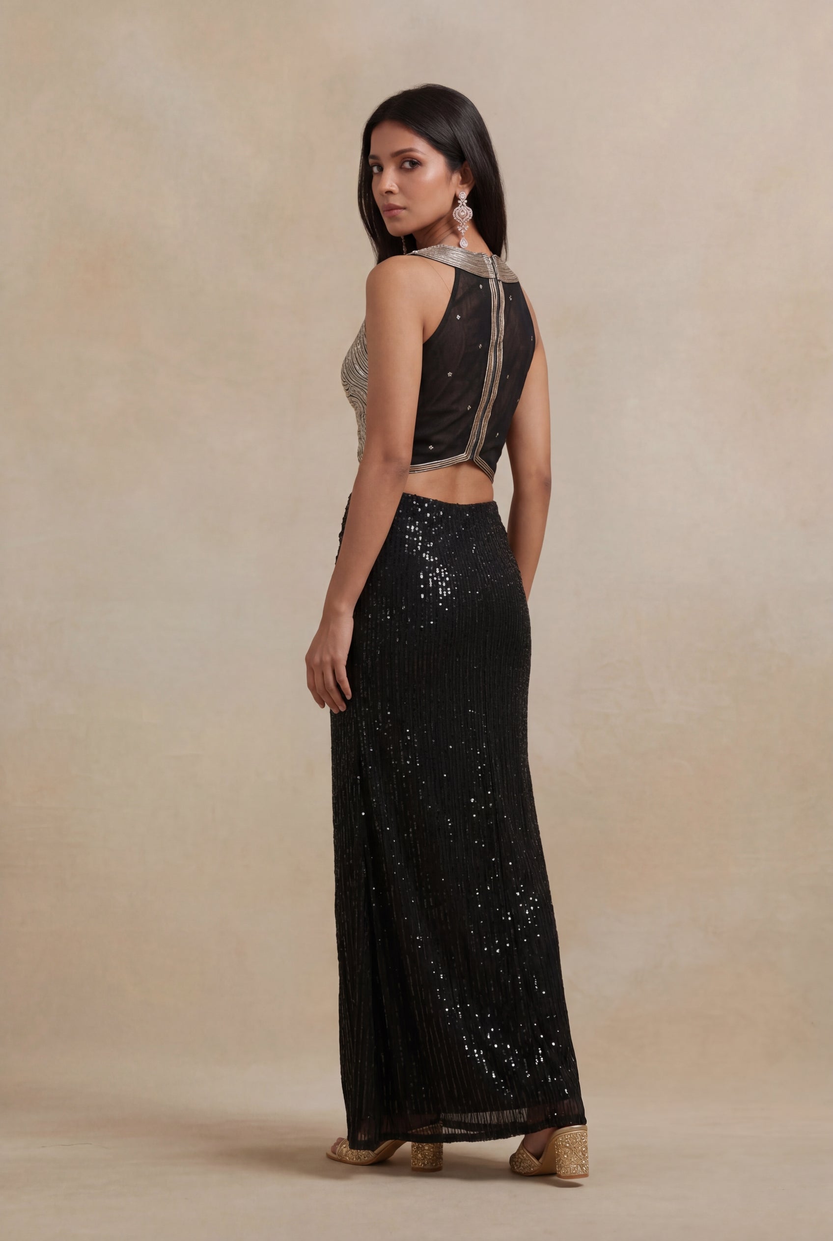 Black Net Indo-Western Co-Ord Set with All-Over Sequin Work