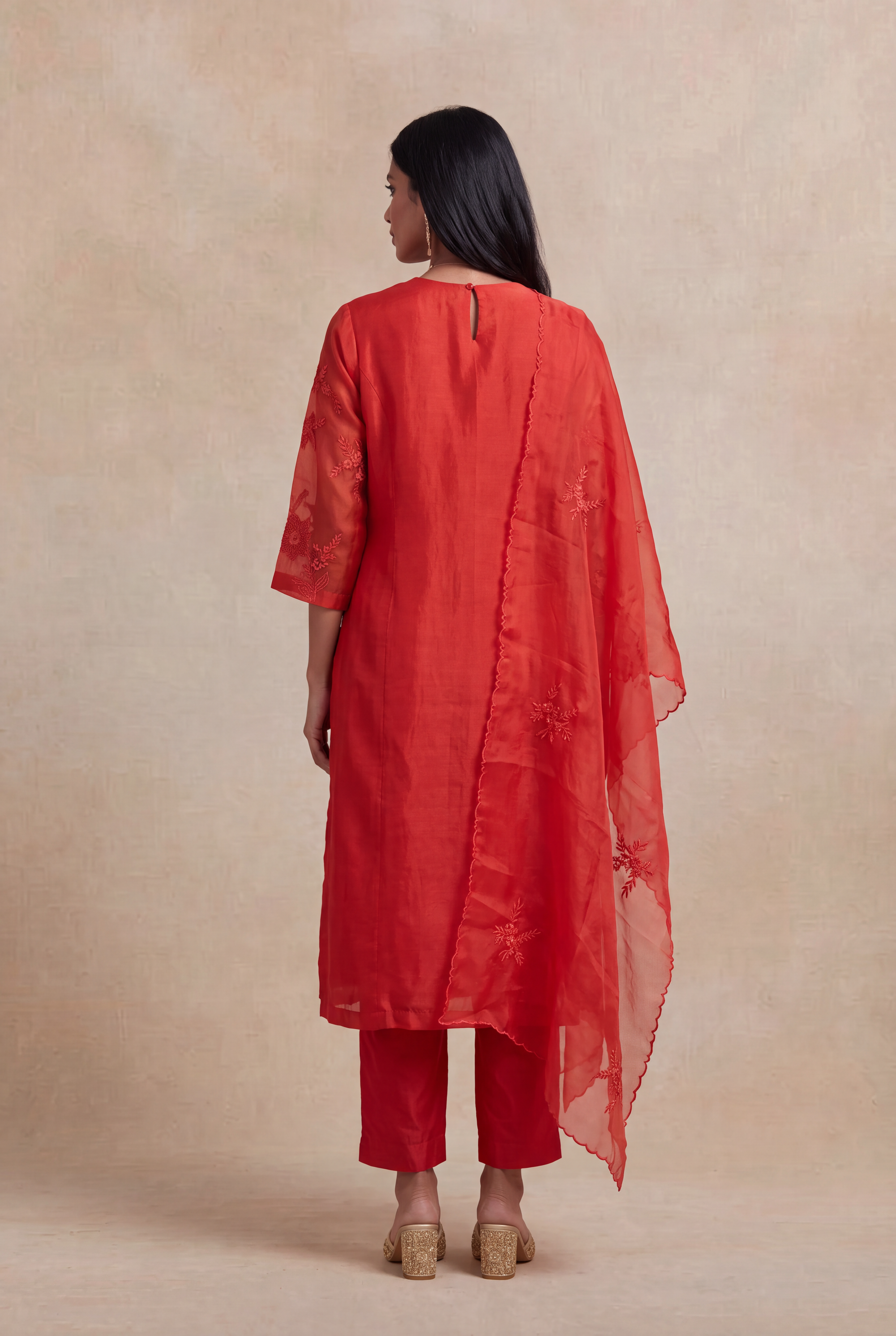Rust Orange Organza Embroidered Straight-Cut Salwar Set