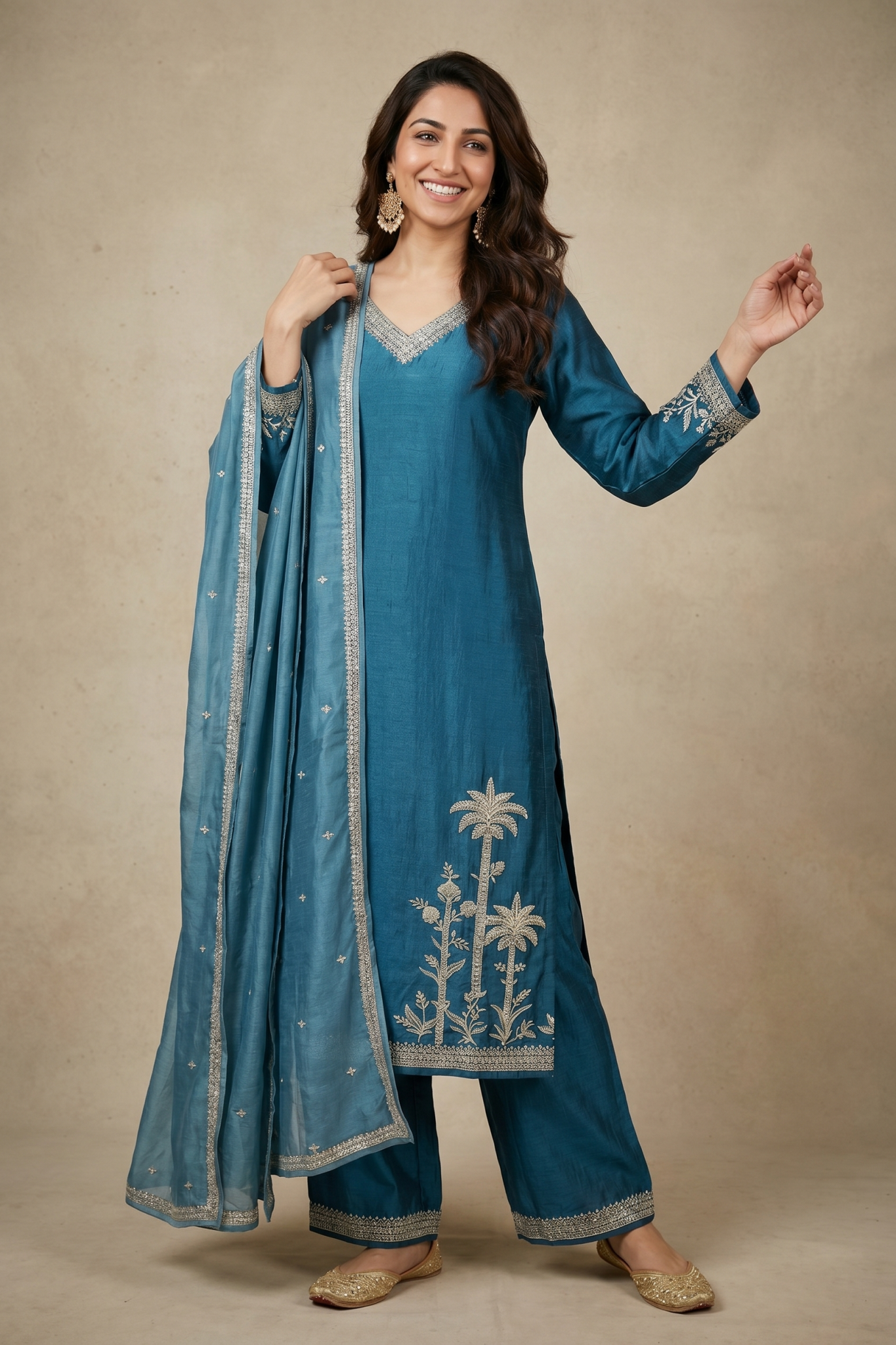 Teal Blue Raw Silk Embroidered Salwar Set