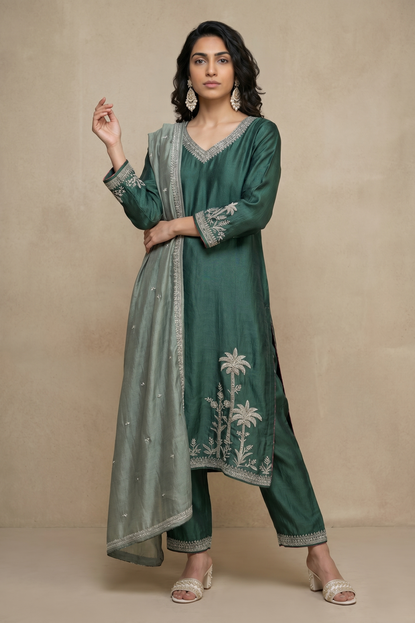 Emerald Green Raw Silk Embroidered Salwar Set