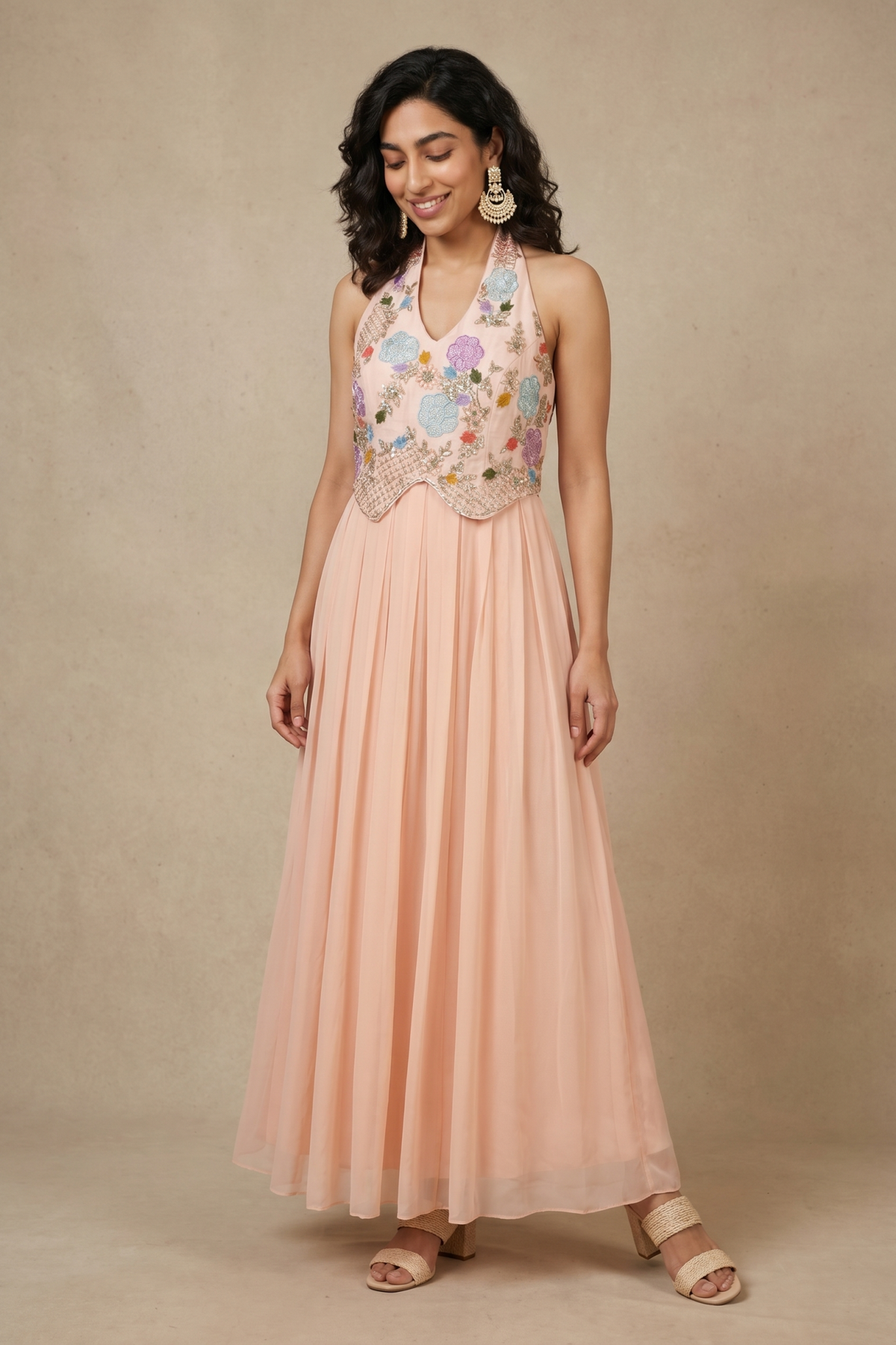 Peach Georgette Gown with Floral Thread & Applique Embroidery - Mokshaa